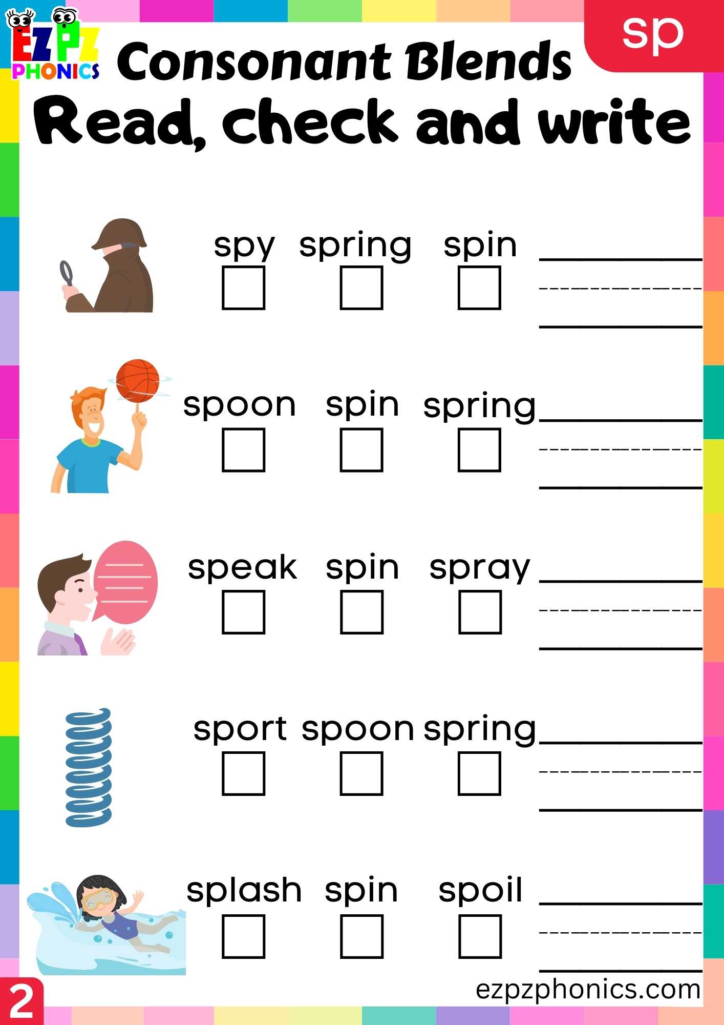 Group2 SP Words Read, Check And Write Phonics Consonant Blends ...