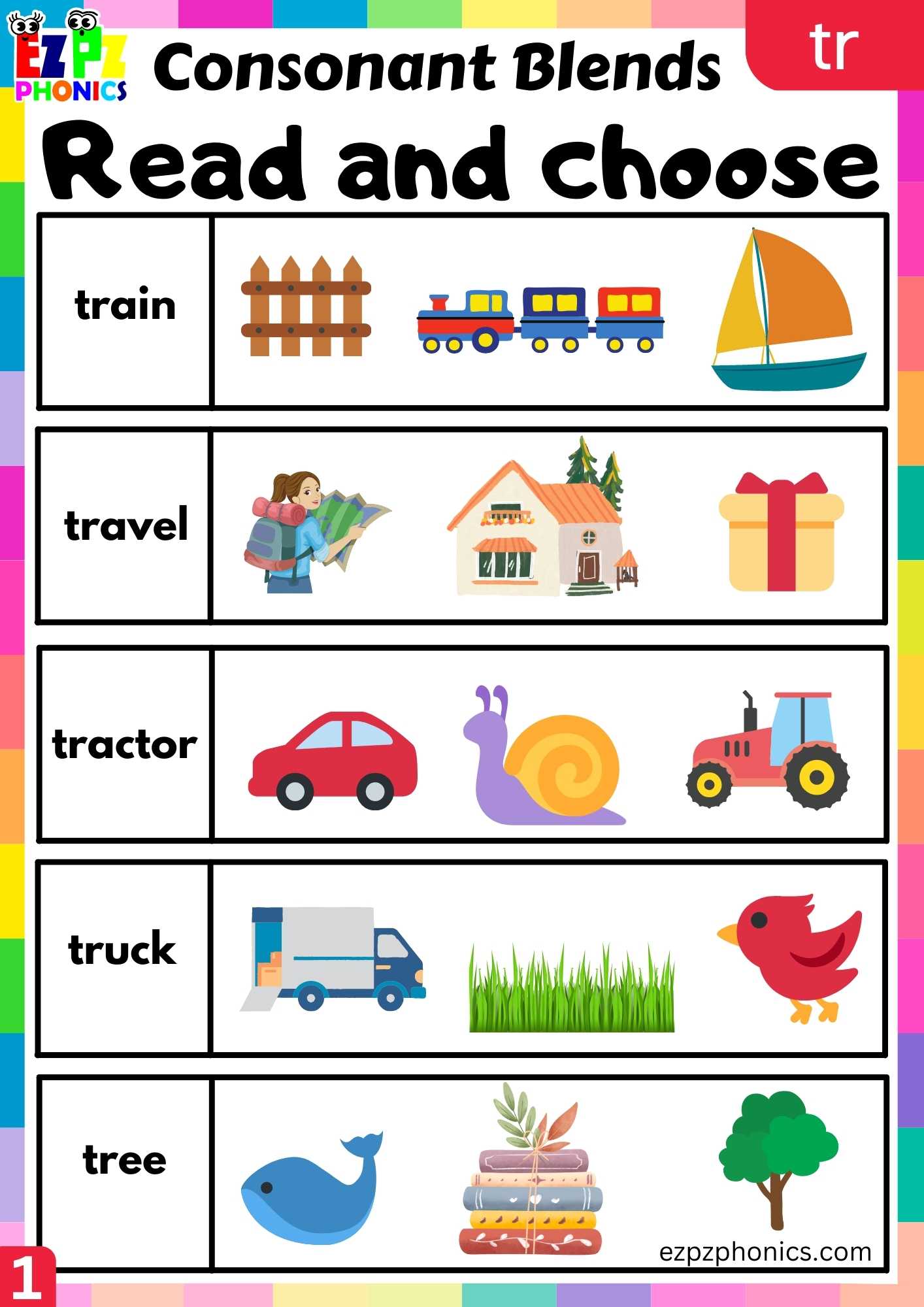 Group1 TR Words Read And Choose Phonics Consonant Blends Worksheet ...