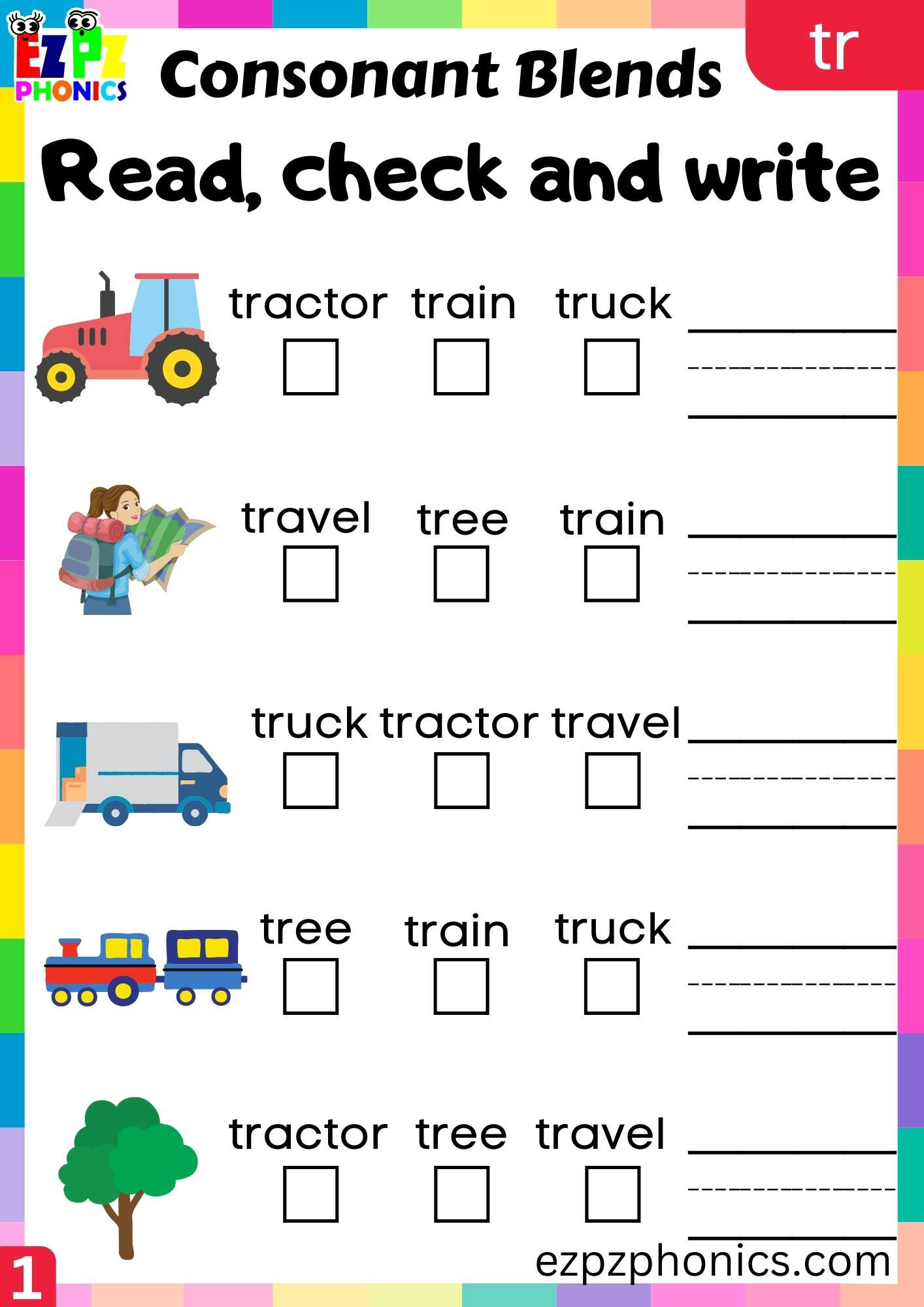 Group1 TR Words Read, Check And Write Phonics Consonant Blends ...