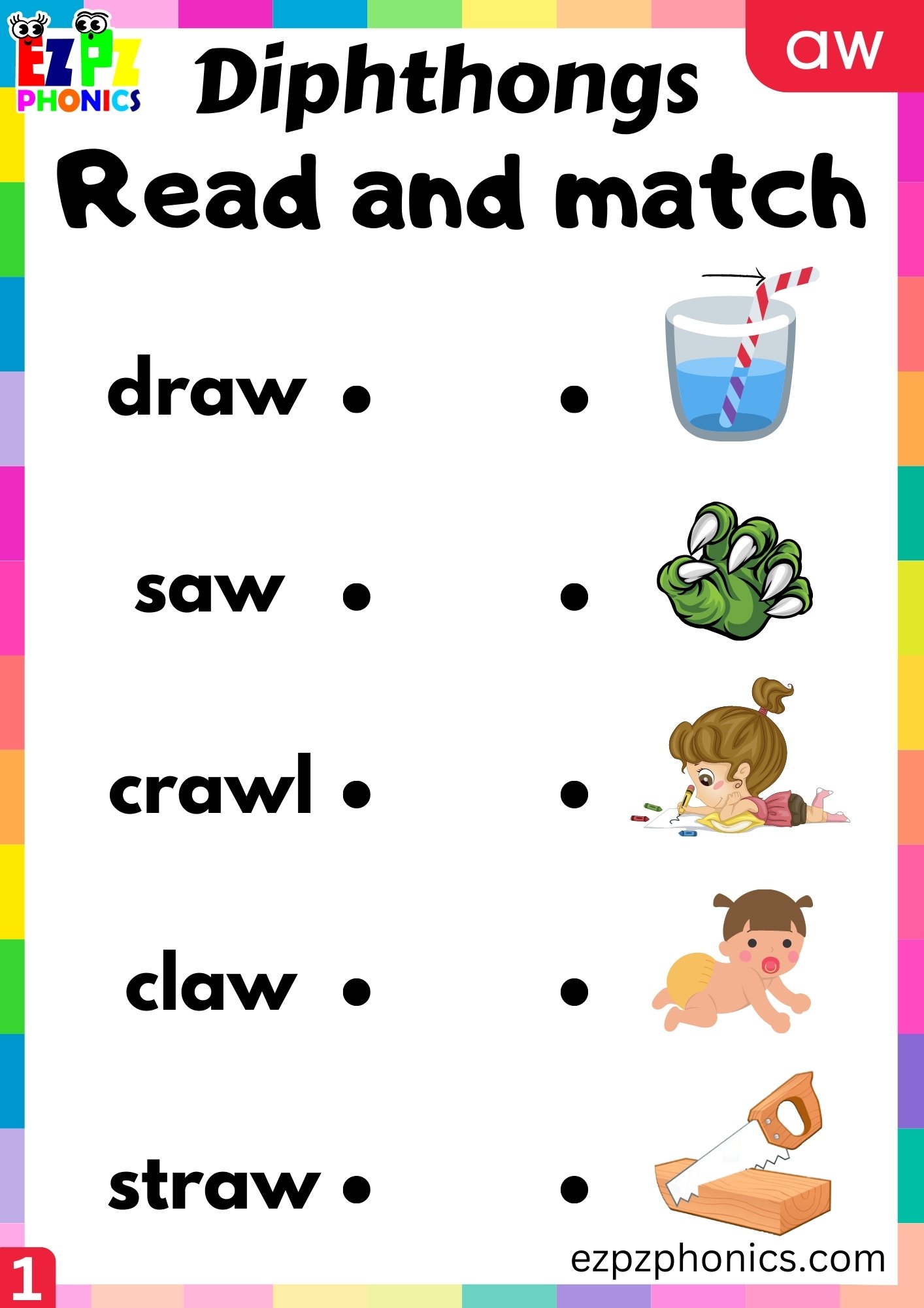 aw Diphthong Read and Match the Image Worksheet PDF Download ...