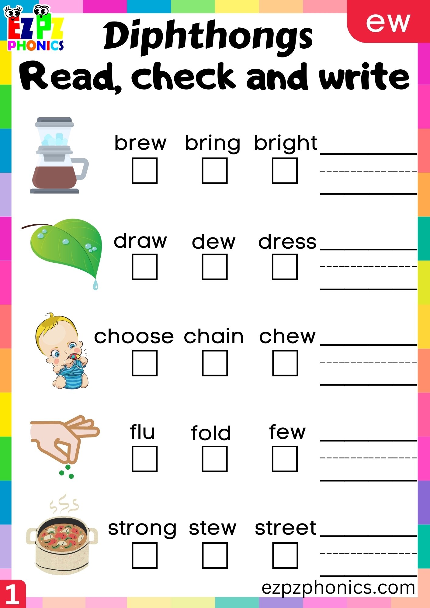 ew Diphthong Read Check and Write Worksheet PDF Download - ezpzphonics.com