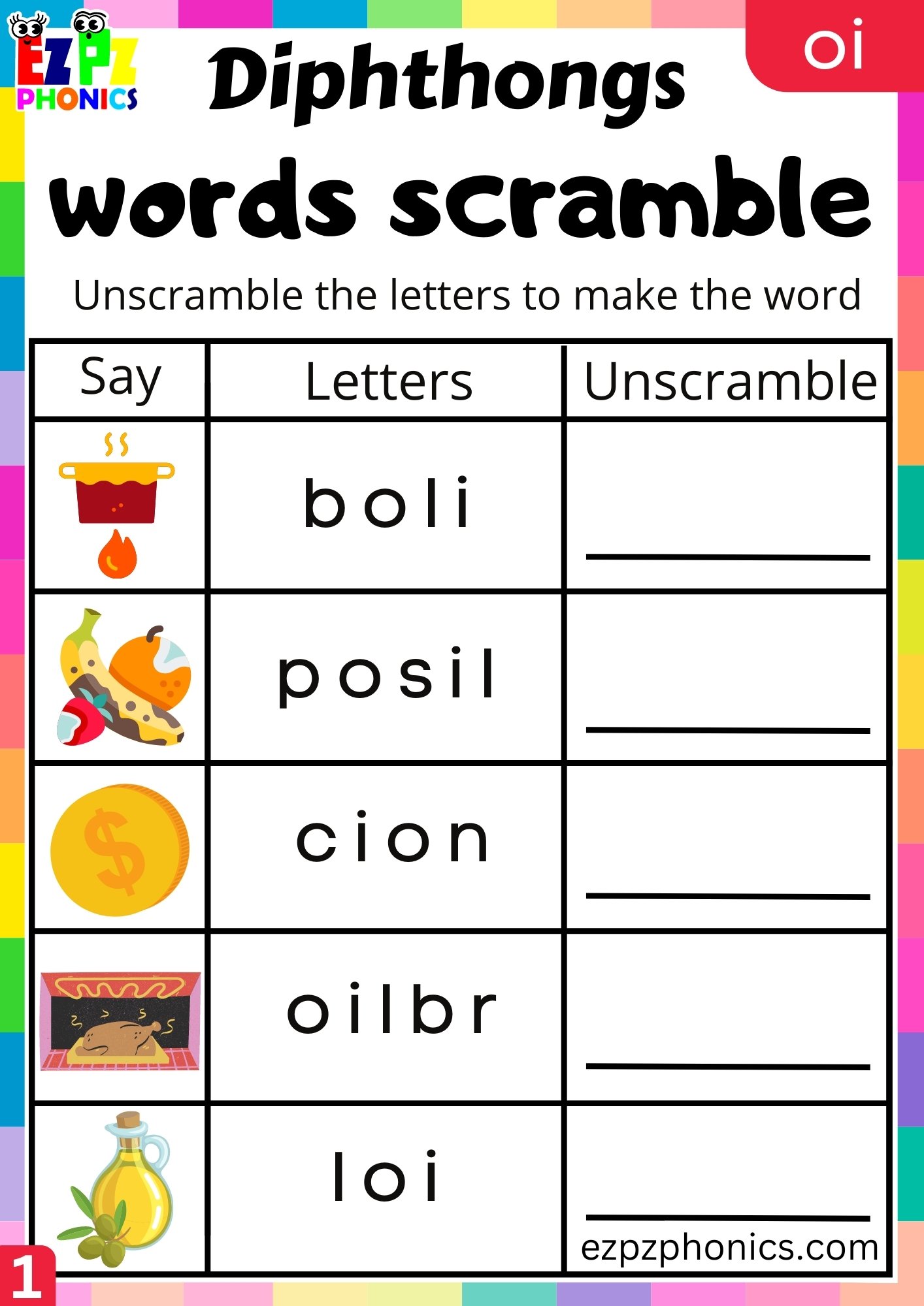 oi Diphthong Word Scramble Worksheet PDF Download - ezpzphonics.com