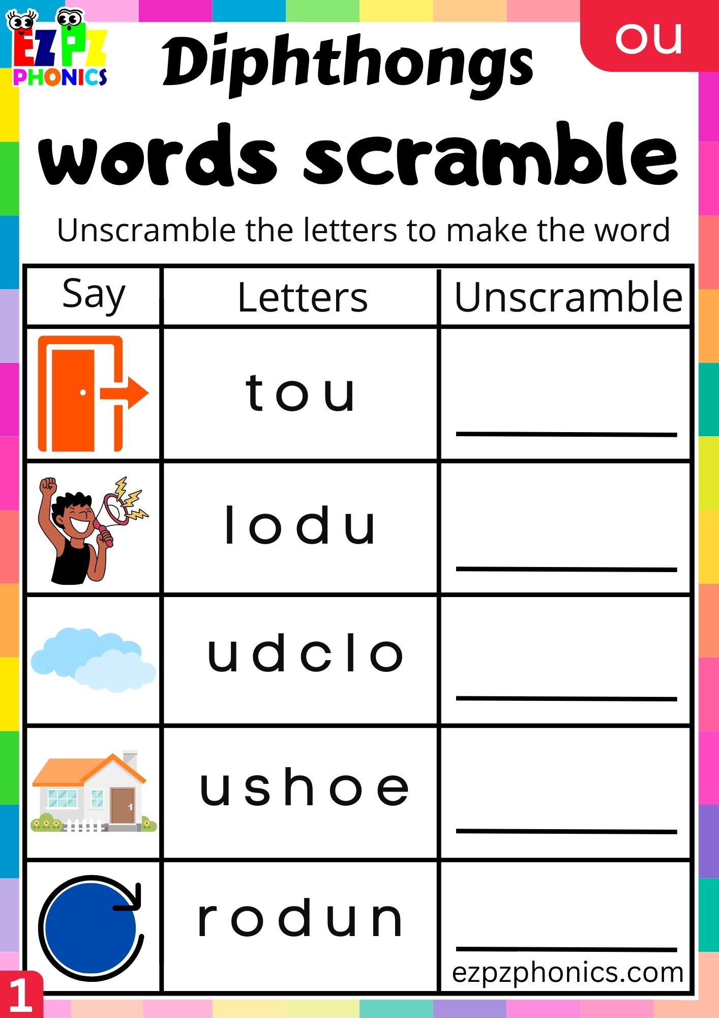 Ou Diphthong Word Scramble Worksheet Pdf Download - Ezpzphonics.com