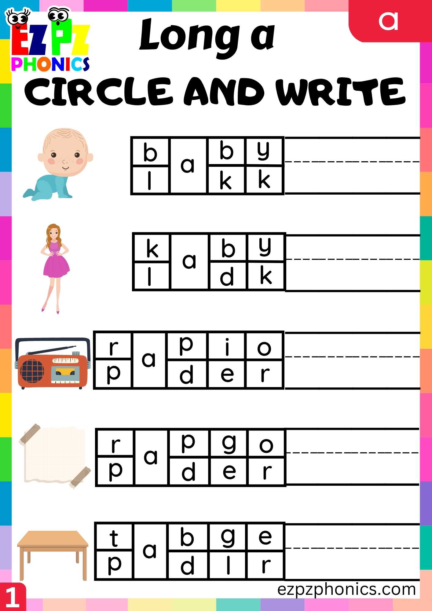 Group1 A Words Circle And Write Long A Phonics Worksheet - ezpzphonics.com