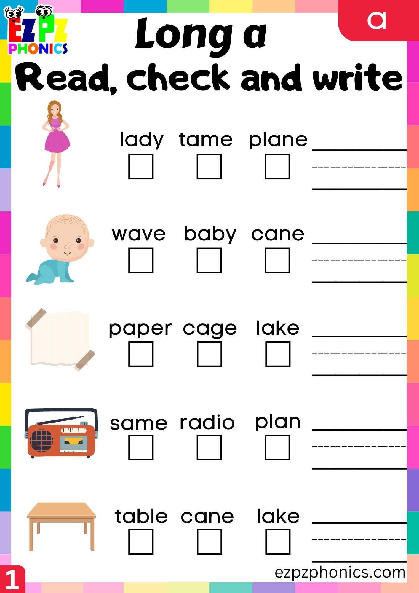 Group1 A Words Read, Check And Write Long A Phonics Worksheet ...