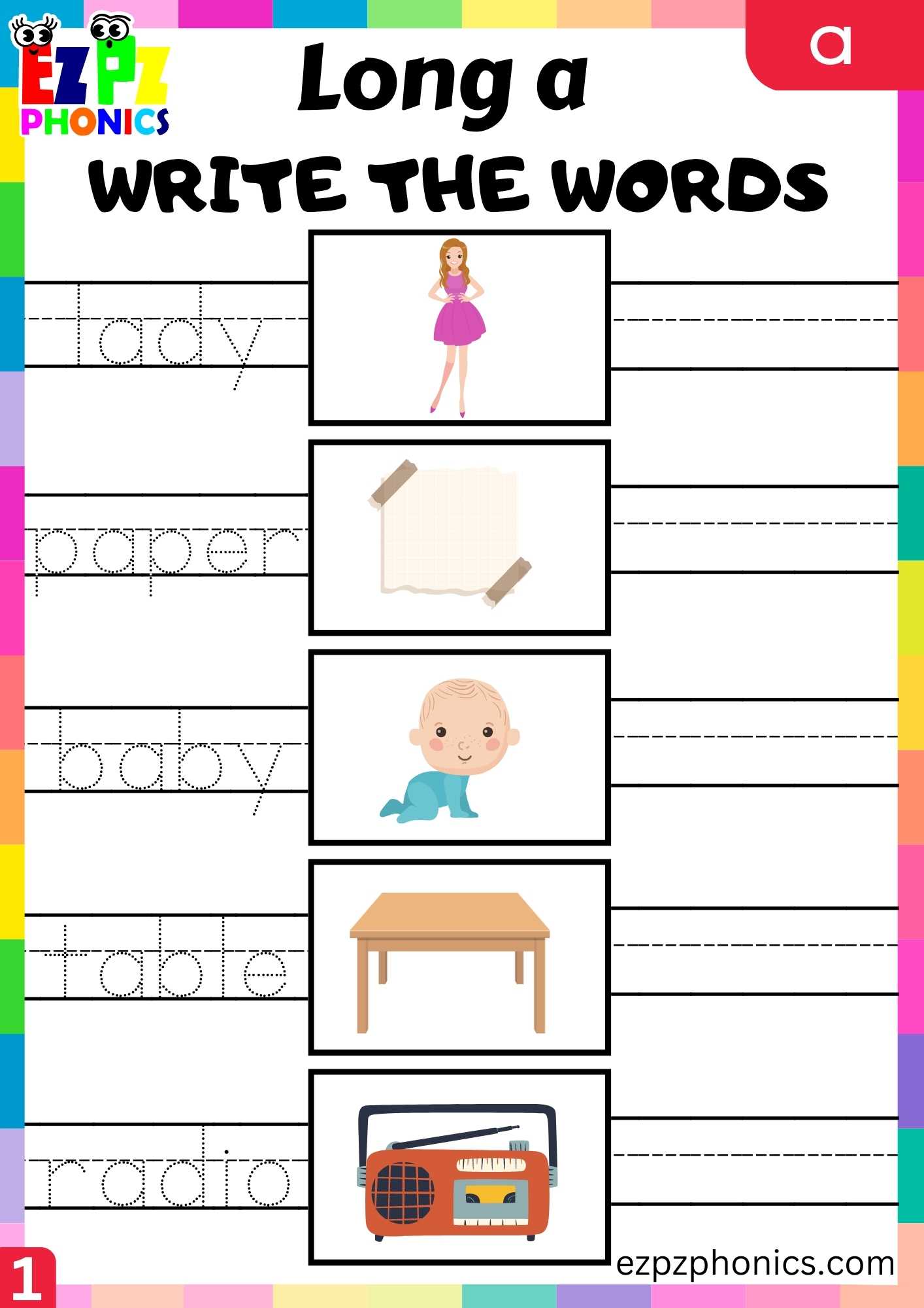 Group1 A Words Write The Words Long A Phonics Worksheet - ezpzphonics.com