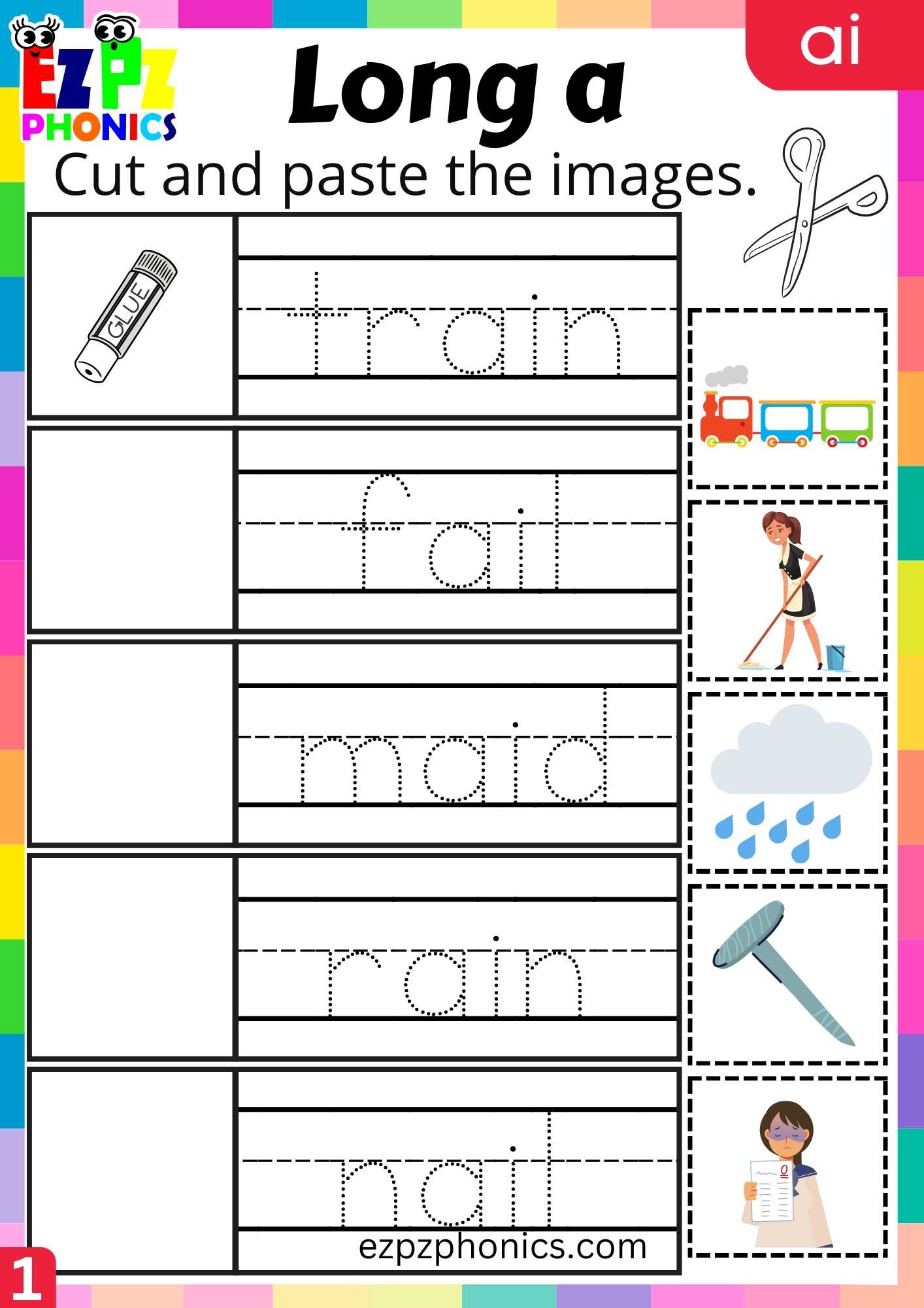 group1-ai-words-cut-and-paste-the-images-long-a-phonics-worksheet-ezpzphonics-com for Phonics Worksheets For Kindergarten Printable Free Group1 AI Words Cut And Paste The Images Long A Phonics Worksheet - ezpzphonics.com for Phonics Worksheets For Kindergarten Printable Free