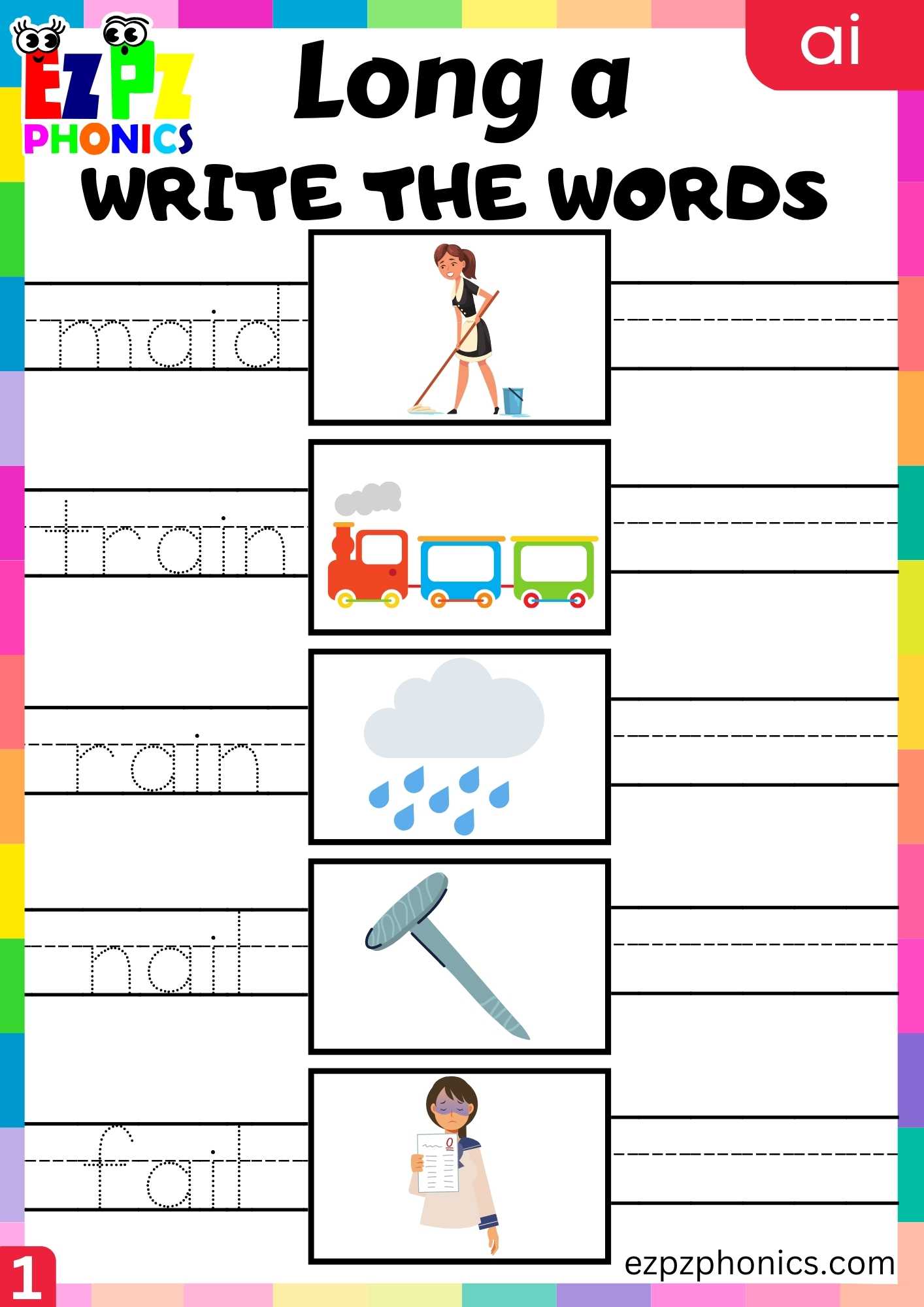 Group1 AI Words Write The Words Long A Phonics Worksheet - ezpzphonics.com