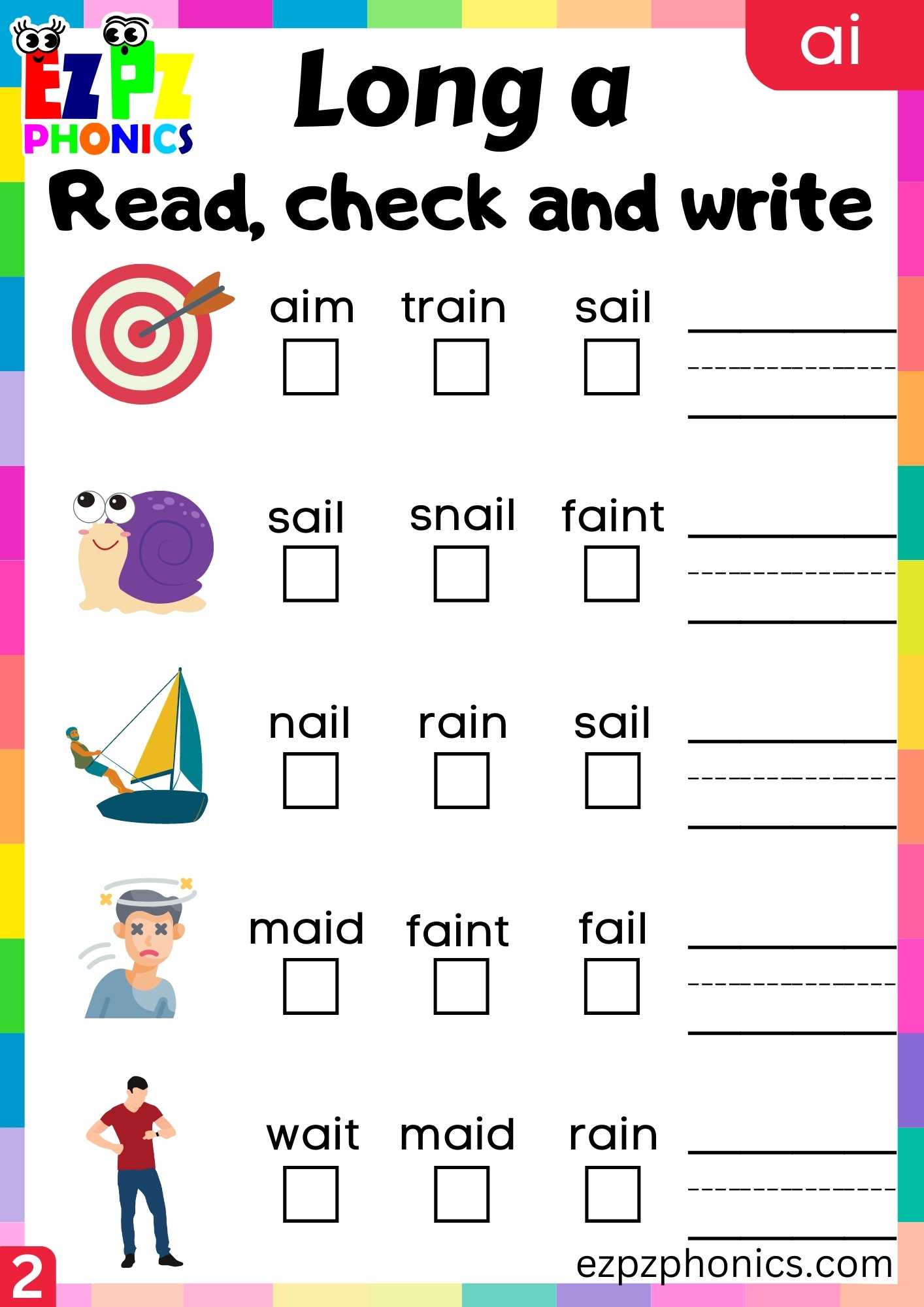 Group2 AI Words Read, Check And Write Long A Phonics Worksheet ...