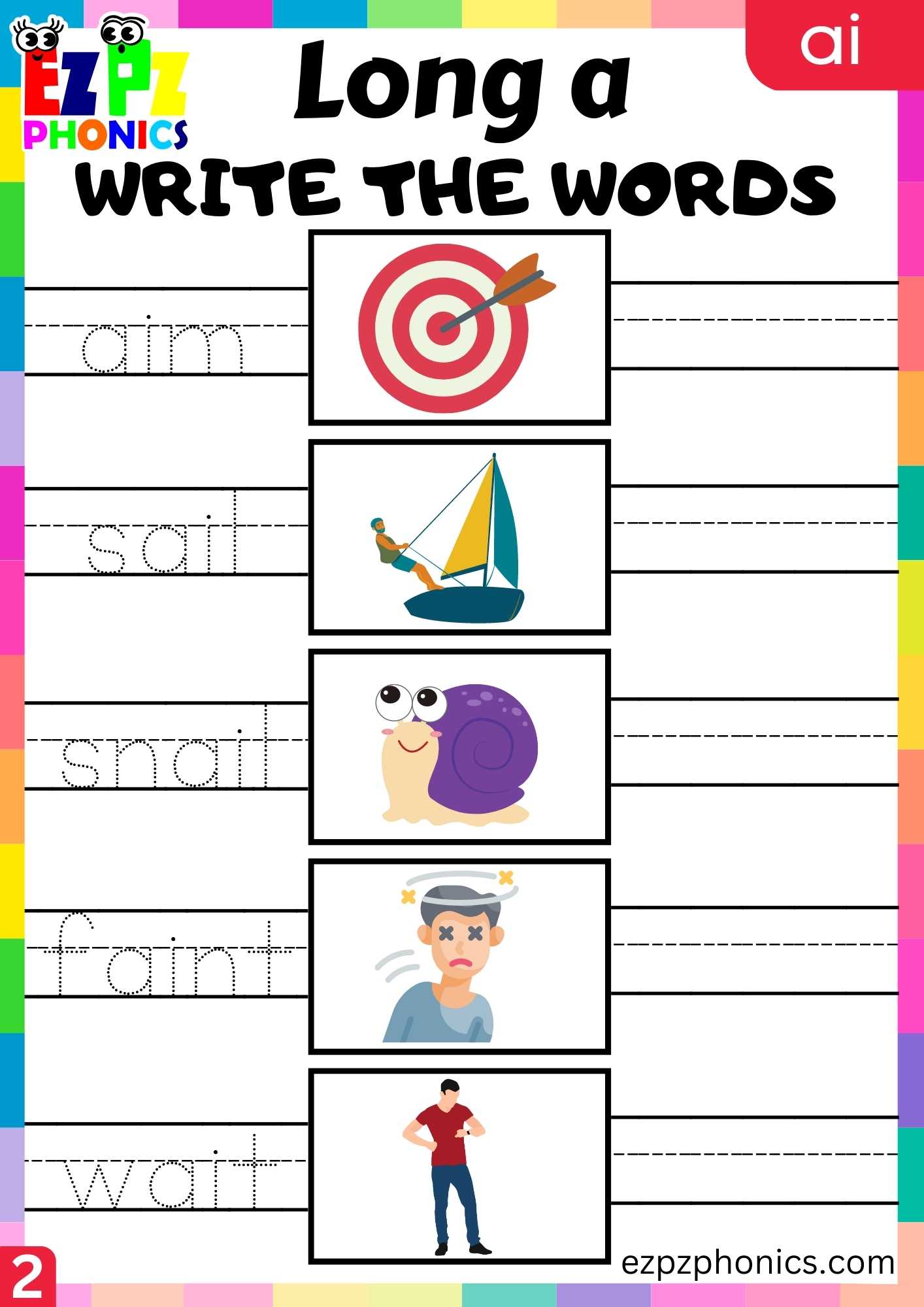 Group2 AI Words Write The Words Long A Phonics Worksheet - ezpzphonics.com