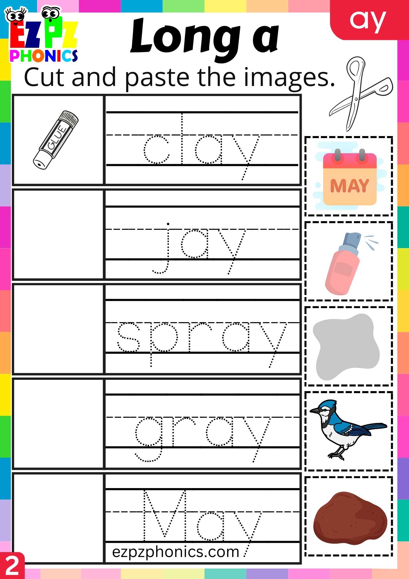 Group2 AY Words Cut And Paste The Images Long A Phonics Worksheet ...
