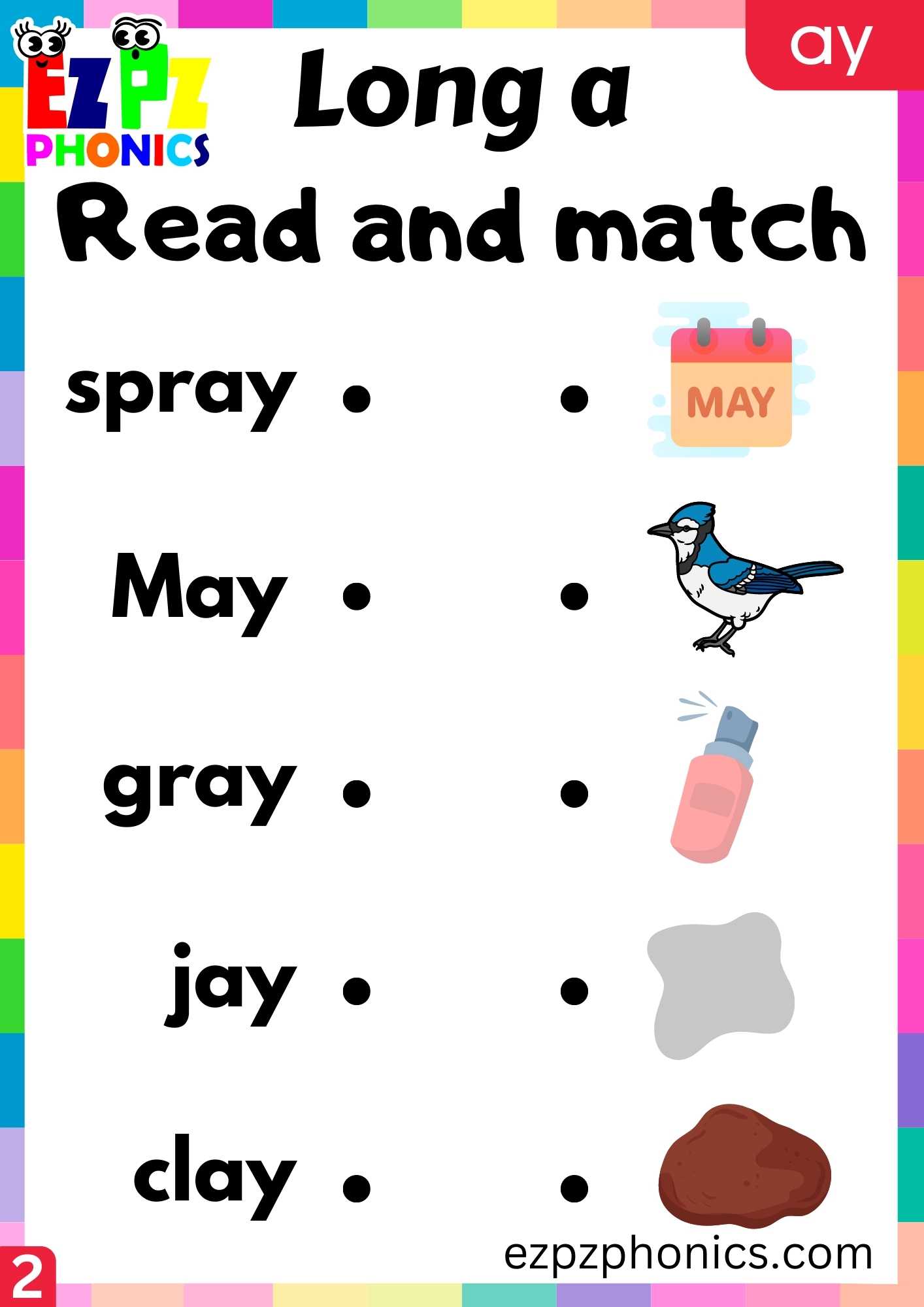 Group2 AY Words Read And Match Long A Phonics Worksheet - ezpzphonics.com