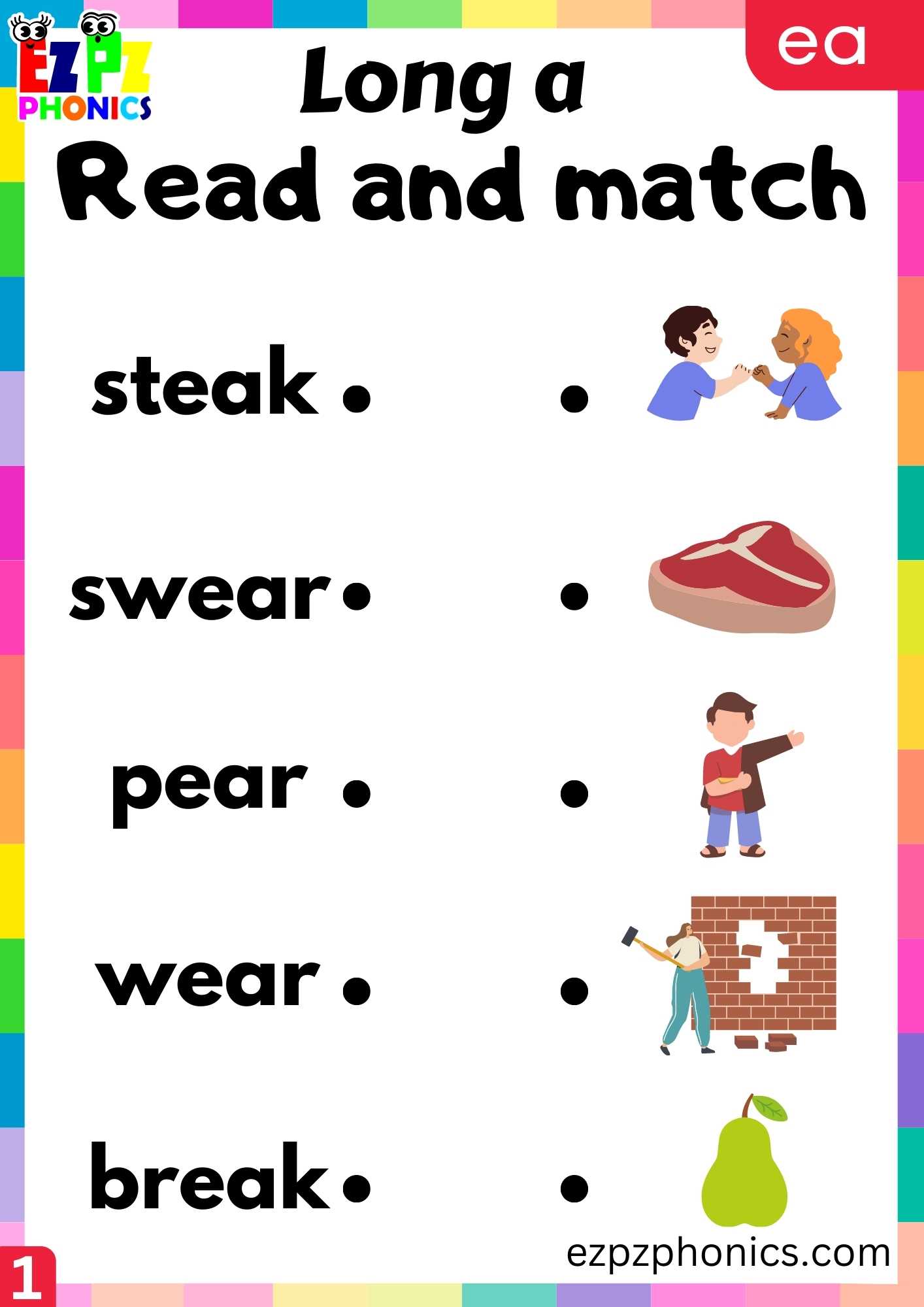 EA Words Read And Match Long A Phonics Worksheet - ezpzphonics.com