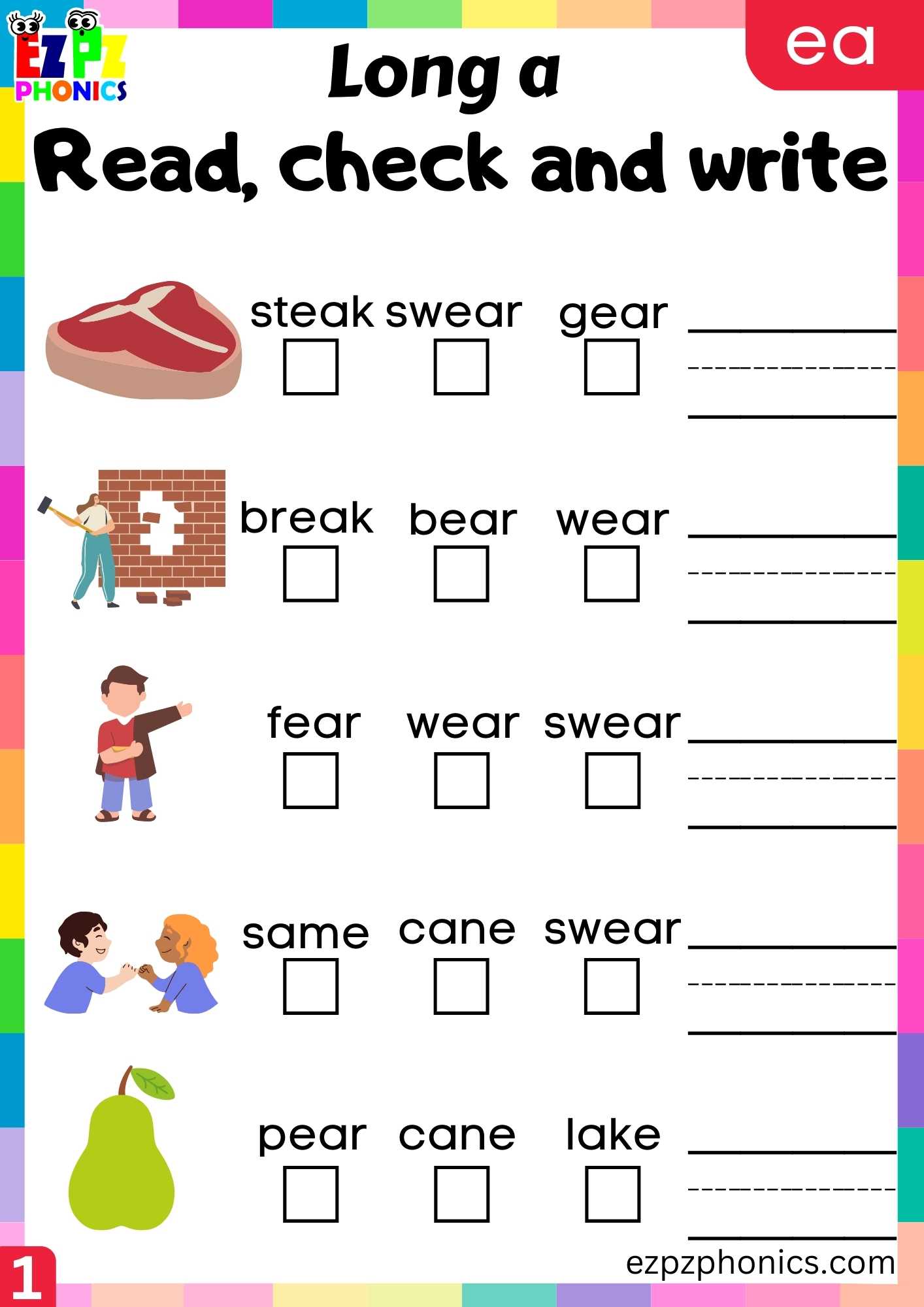 EA Words Read, Check And Write Long A Phonics Worksheet - ezpzphonics.com