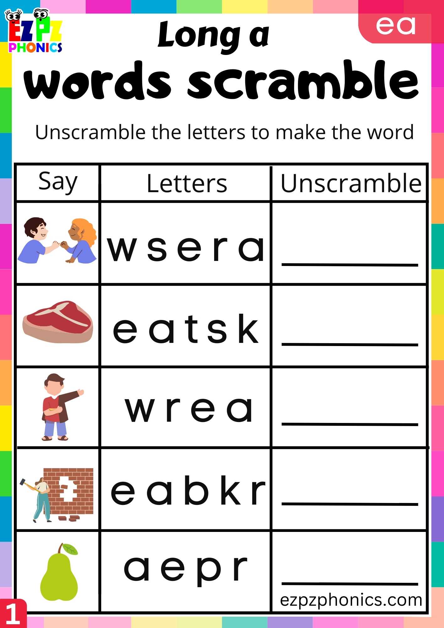 EA Words Words Scramble Long A Phonics Worksheet - ezpzphonics.com