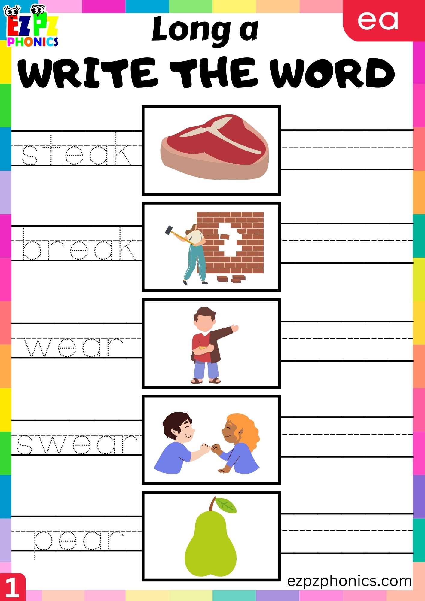 EA Words Write The Words Long A Phonics Worksheet - ezpzphonics.com