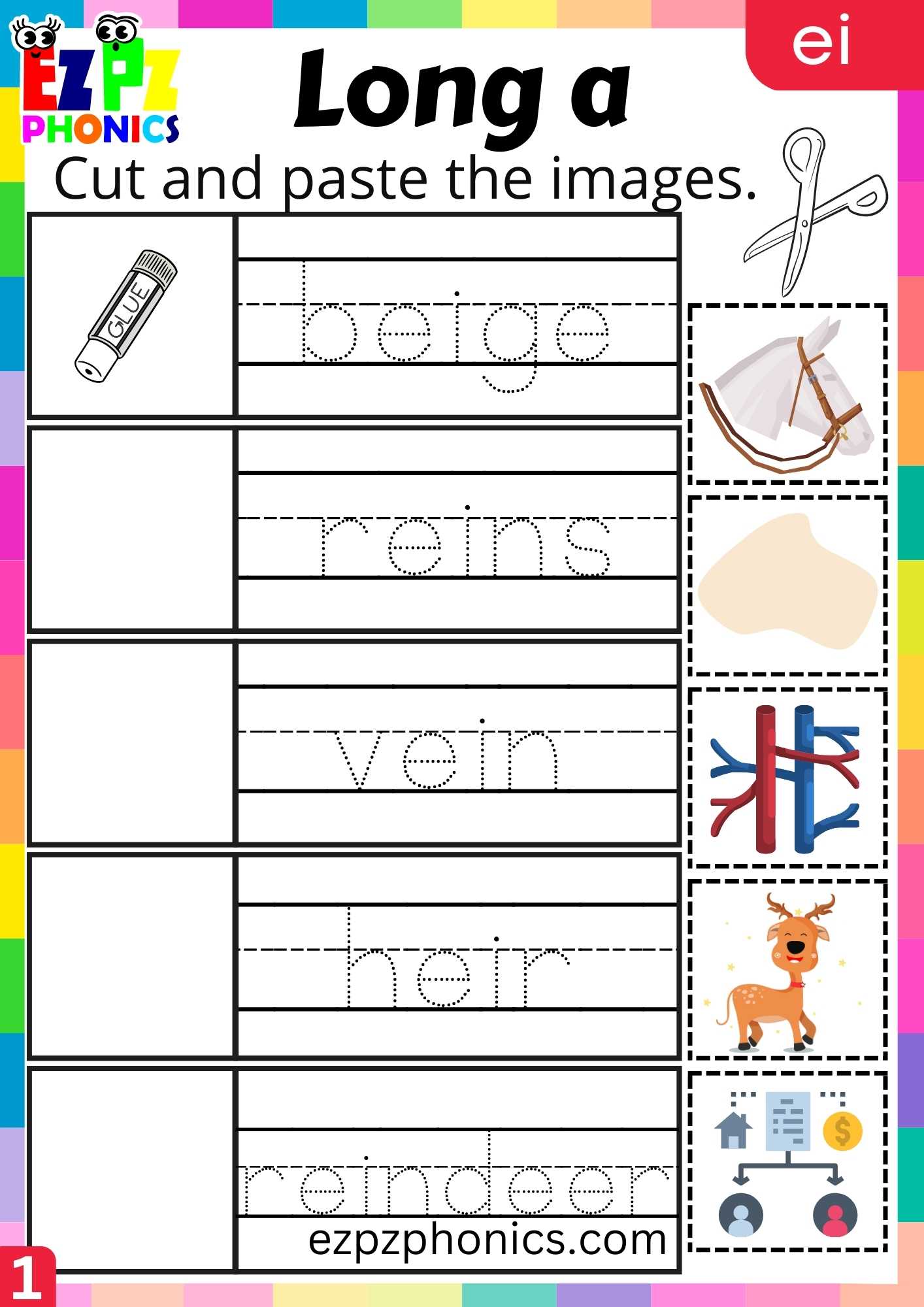 EI Words Cut And Paste The Images Long A Phonics Worksheet ...