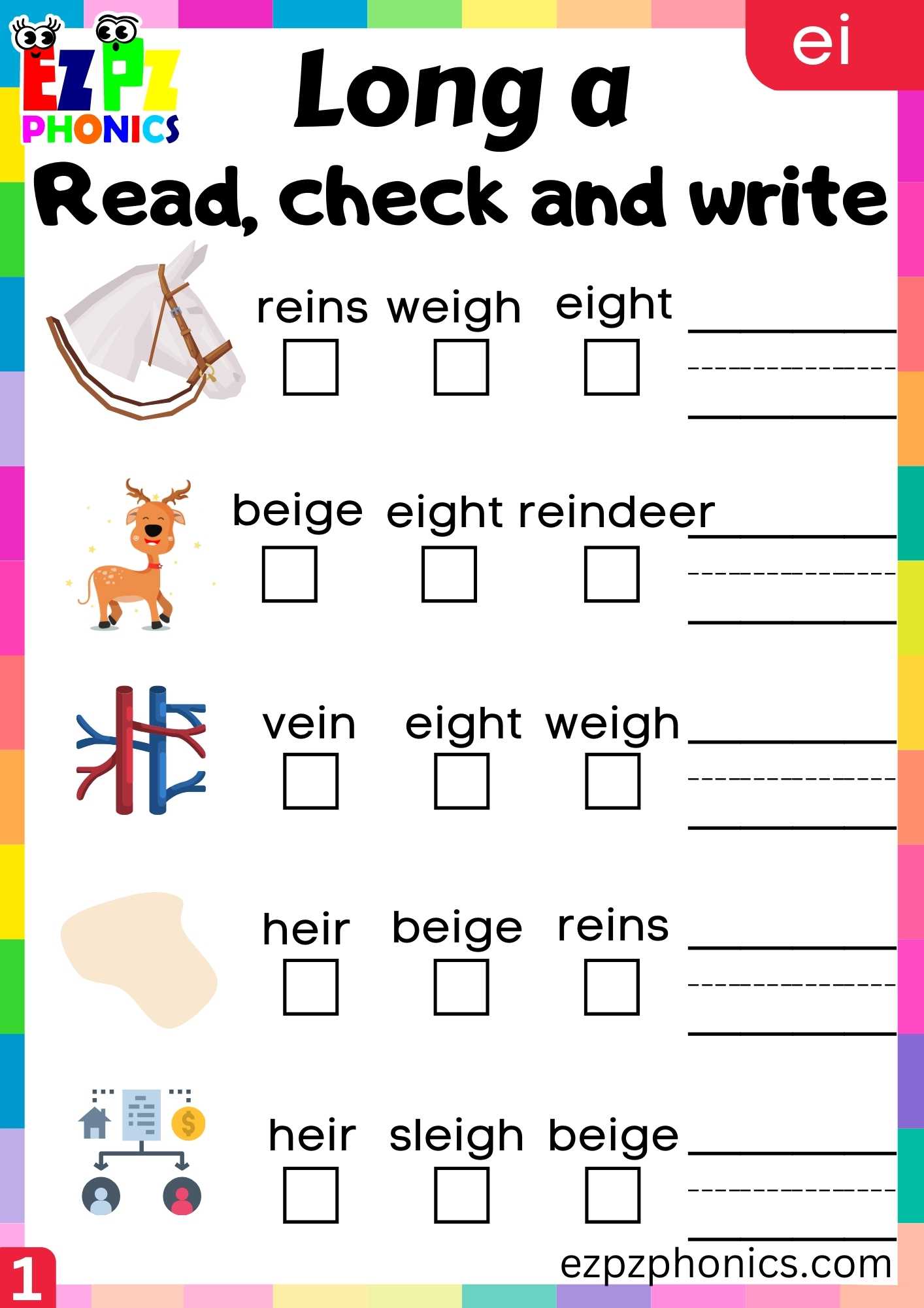 EI Words Read, Check And Write Long A Phonics Worksheet - ezpzphonics.com