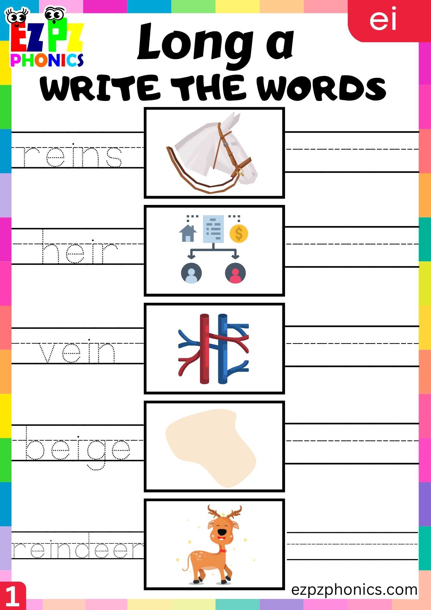 EI Words Write The Words Long A Phonics Worksheet - ezpzphonics.com