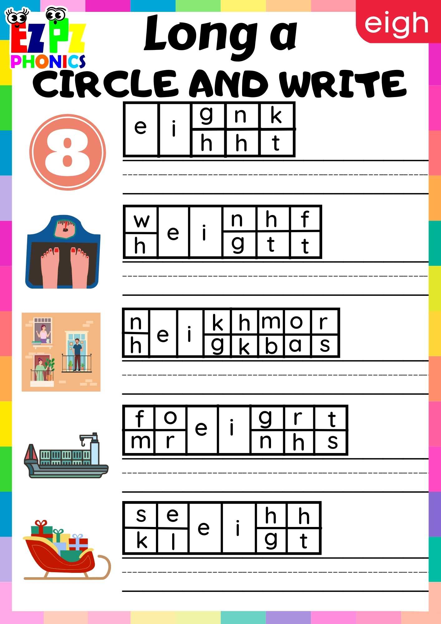 EIGH Words Circle And Write Long A Phonics Worksheet - ezpzphonics.com