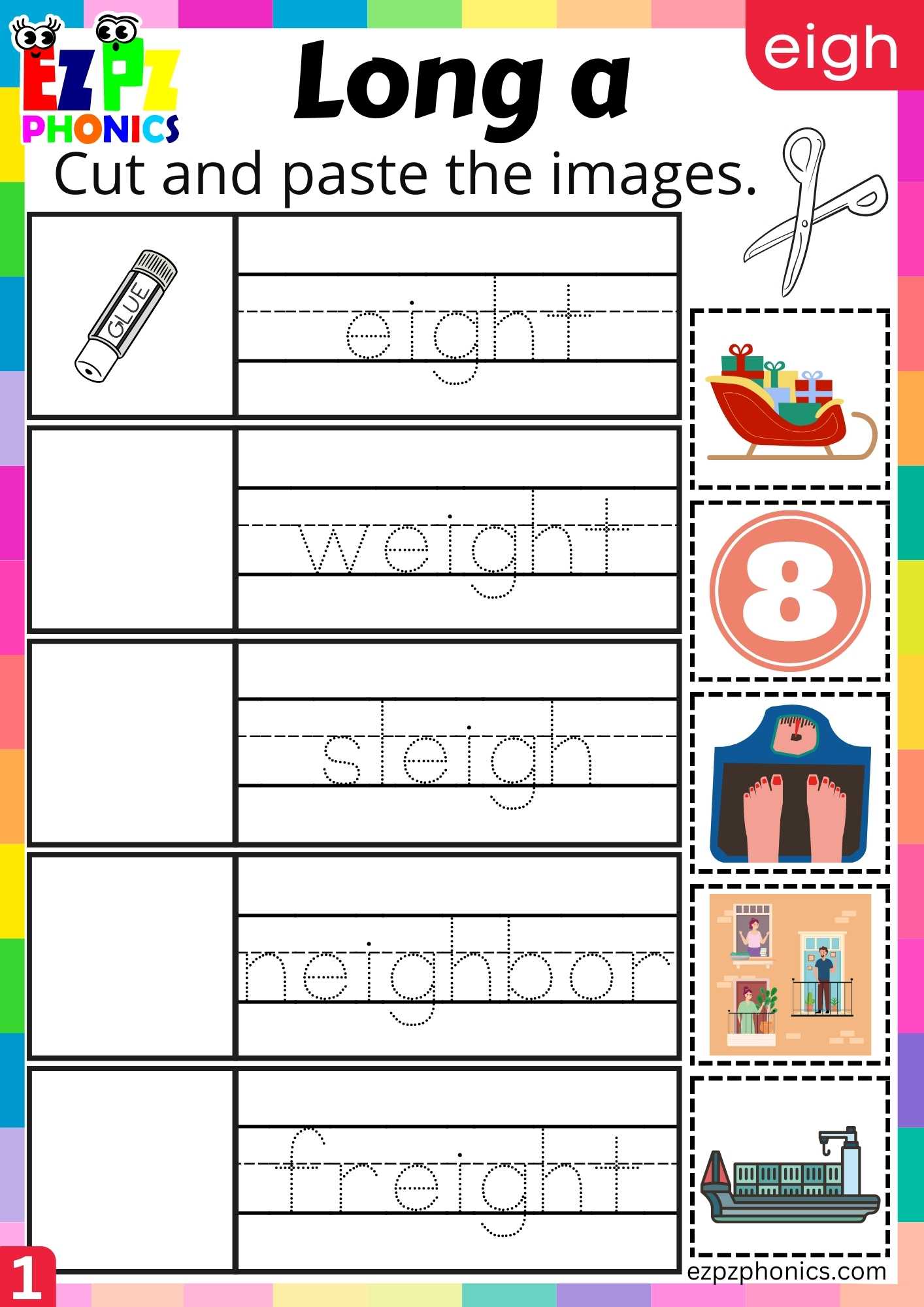 EIGH Words Cut And Paste The Images Long A Phonics Worksheet ...