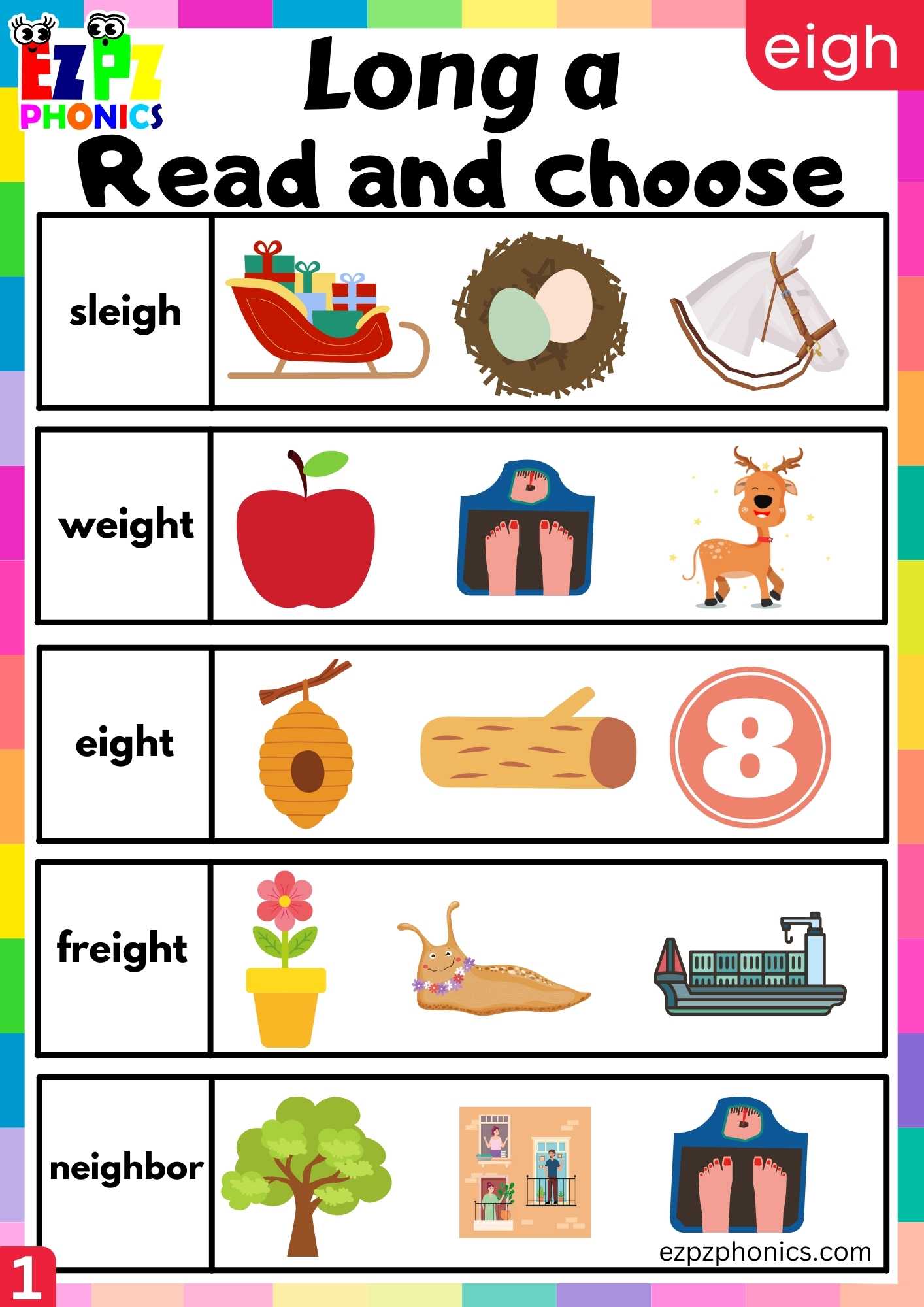 EIGH Words Read And Choose Long A Phonics Worksheet - ezpzphonics.com