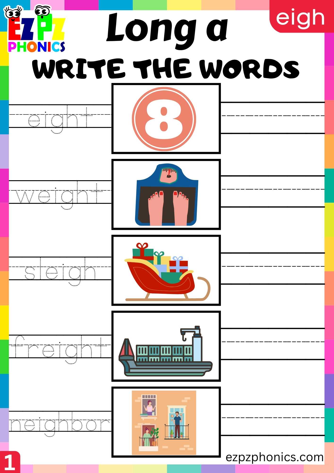 EIGH Words Write The Words Long A Phonics Worksheet - ezpzphonics.com