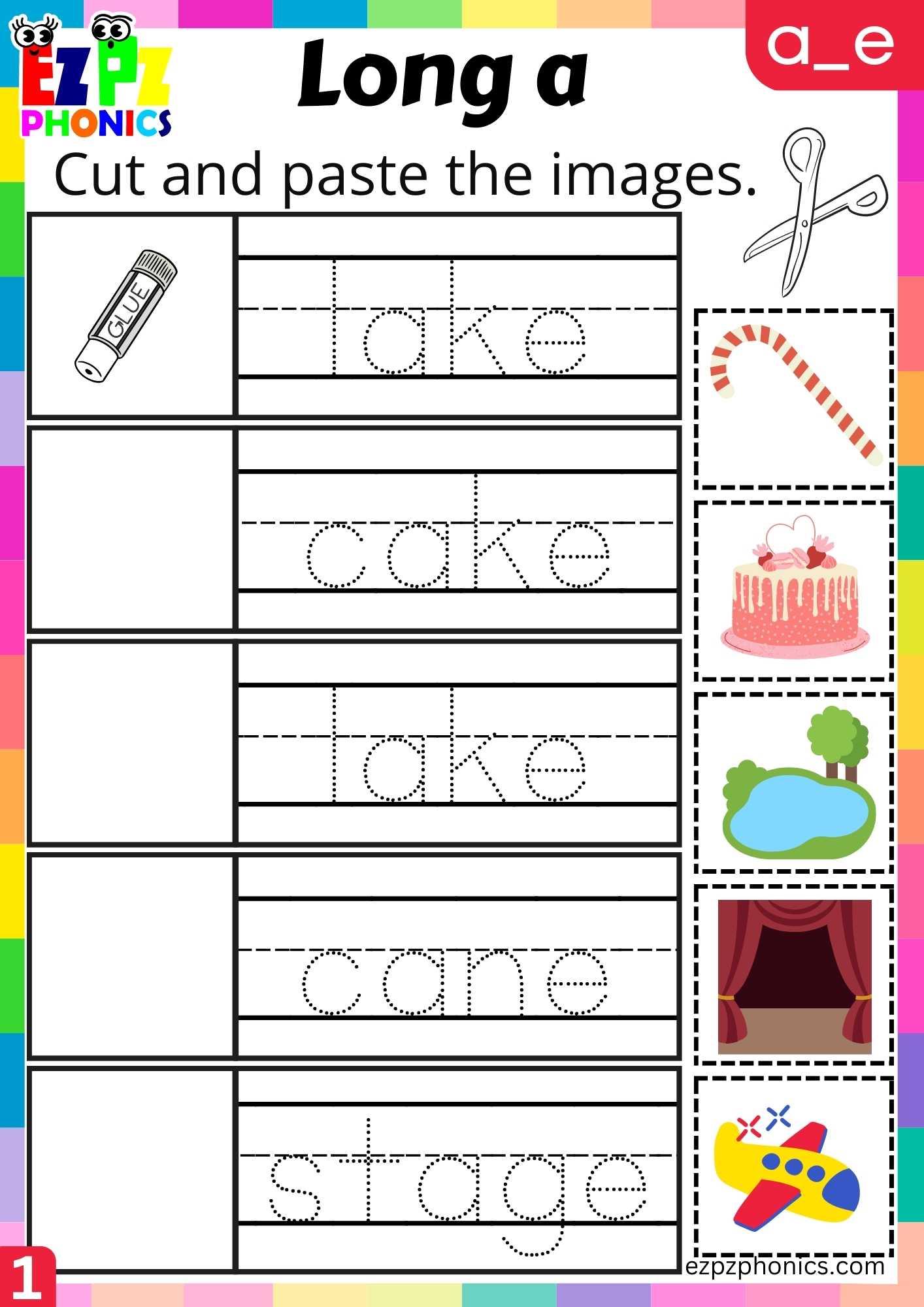 Group1 A_E Words Cut And Paste The Images Long A Phonics Worksheet ...