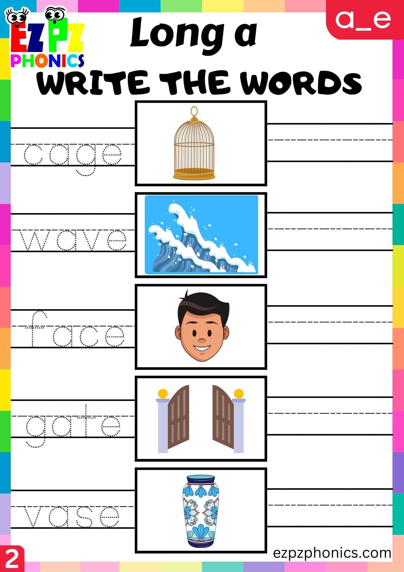 Group2 A_E Words Write The Words Long A Phonics Worksheet - ezpzphonics.com