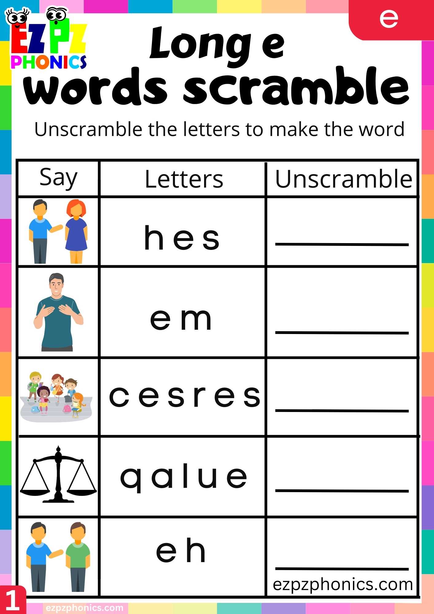 E Words Words Scramble Long E Phonics Worksheet - ezpzphonics.com
