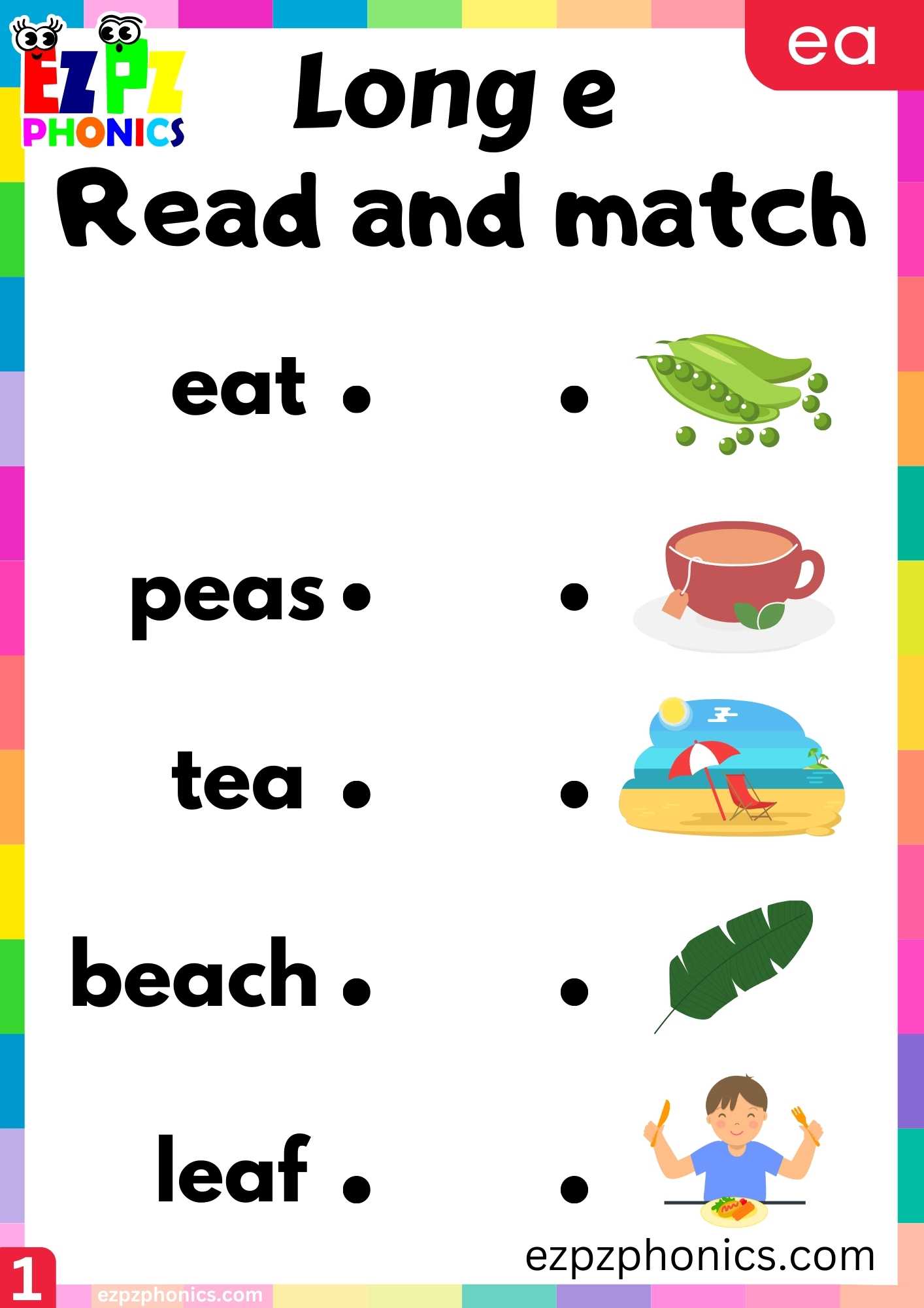 Group1 EA Words Read And Match Long E Phonics Worksheet - ezpzphonics.com