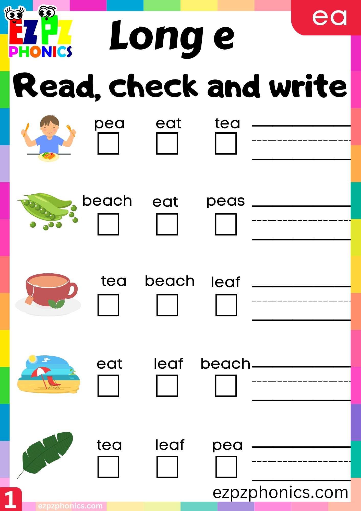 Group1 EA Words Read, Check And Write Long E Phonics Worksheet ...