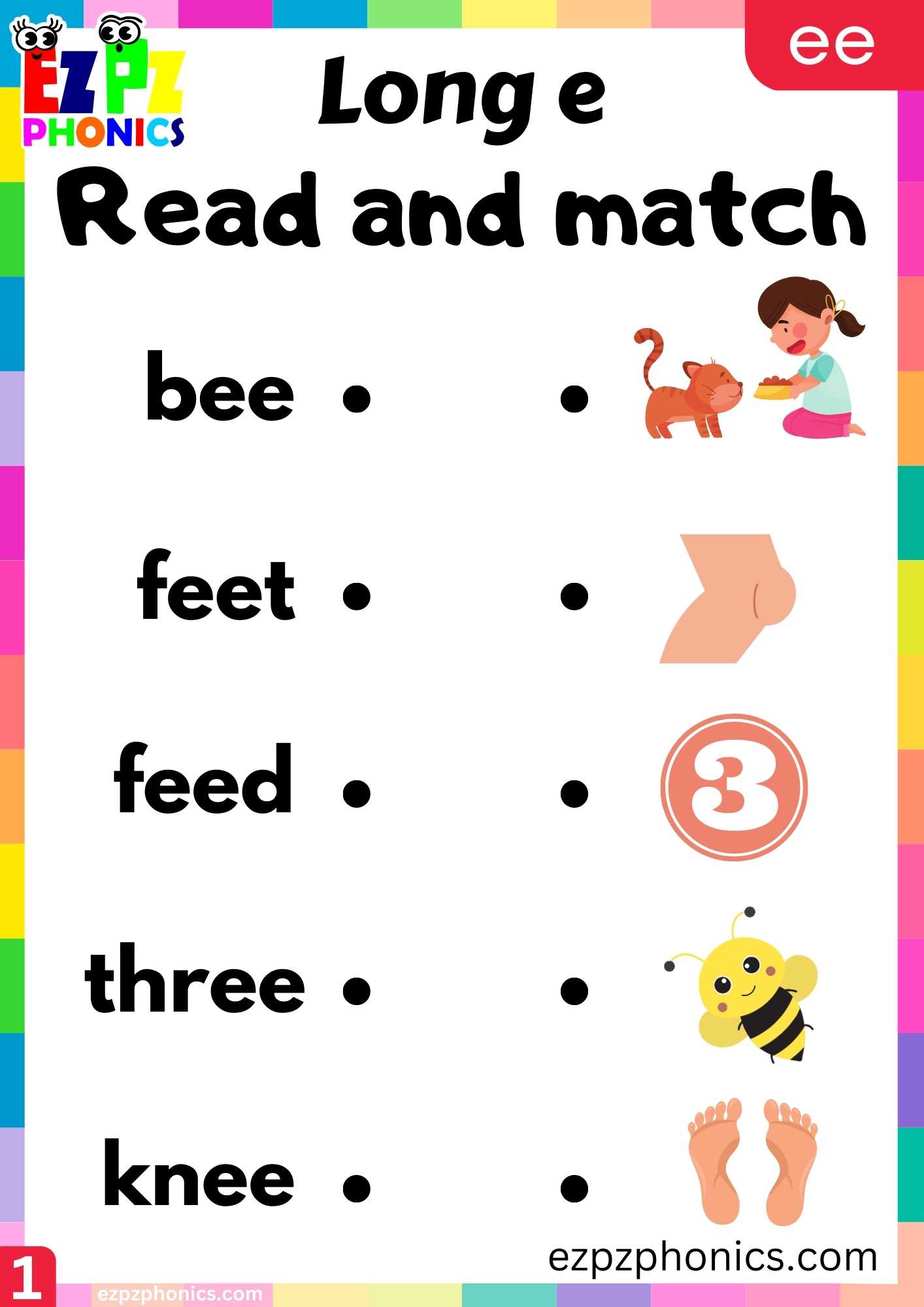 Group1 EE Words Read And Match Long E Phonics Worksheet - ezpzphonics.com