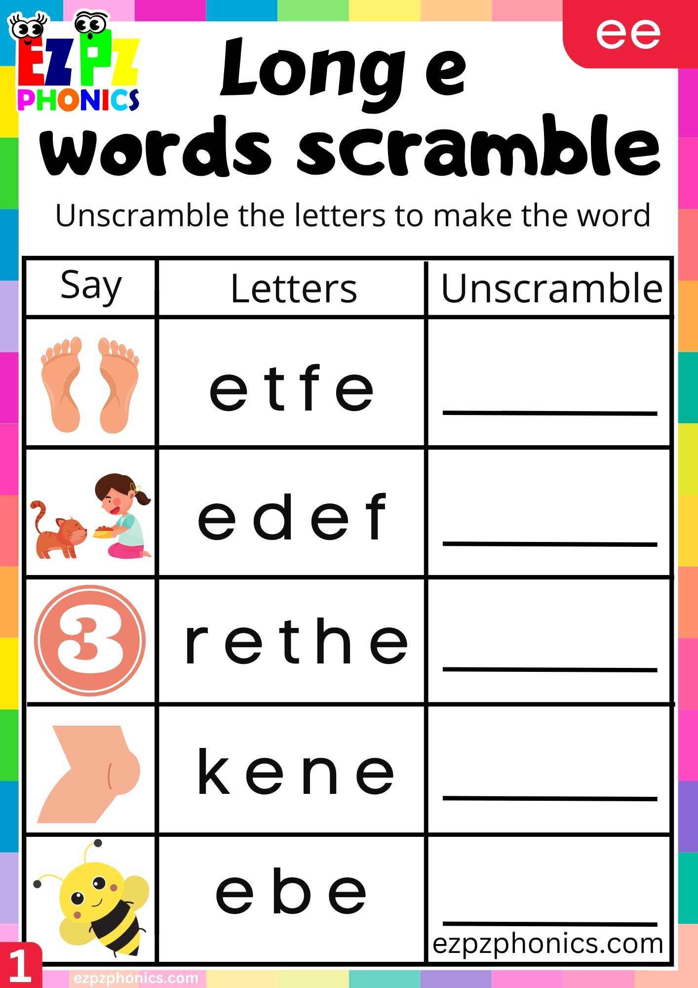 Group1 EE Words Words Scramble Long E Phonics Worksheet - ezpzphonics.com