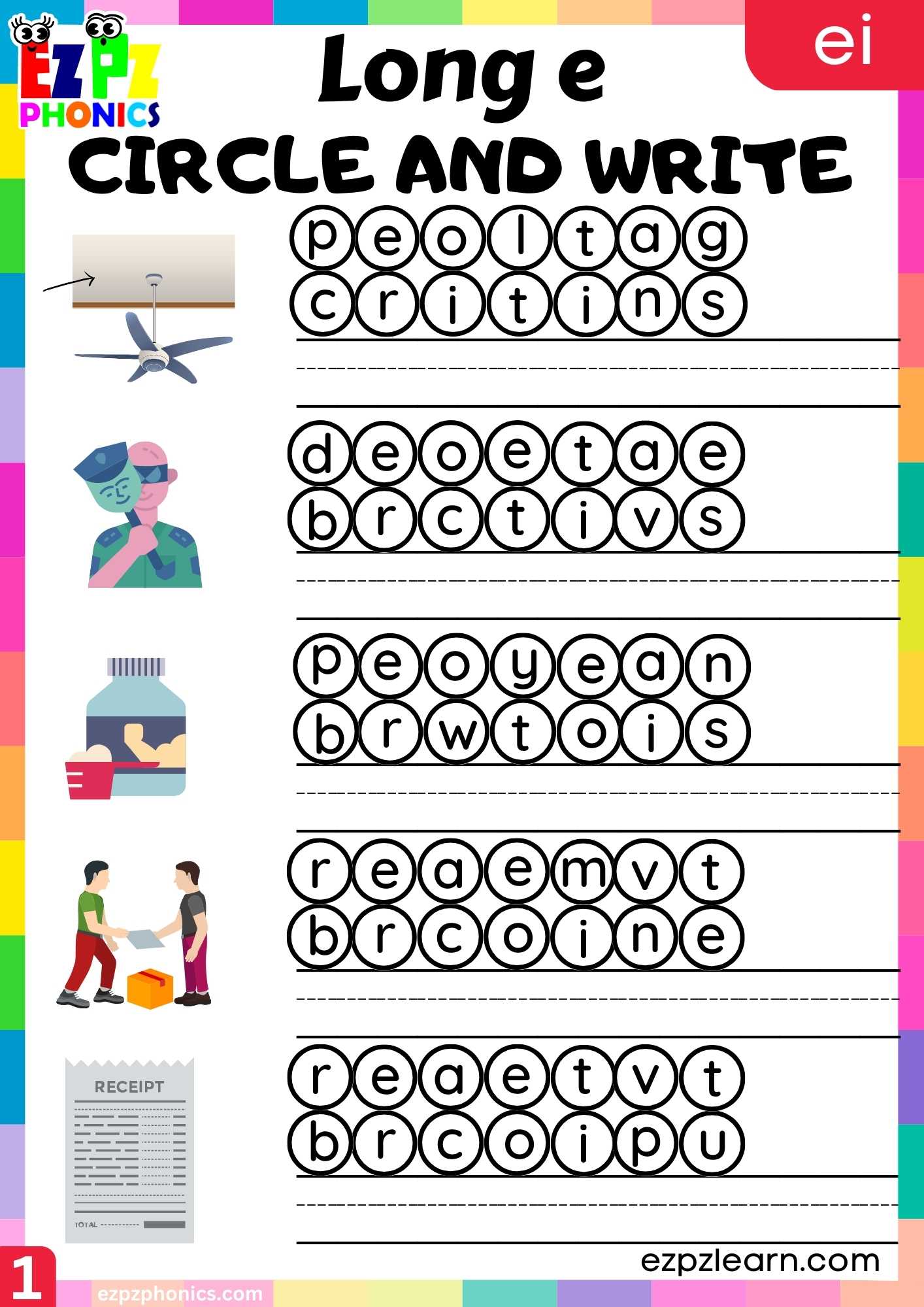 EI Words Write The Words Long E Phonics Worksheet - ezpzphonics.com