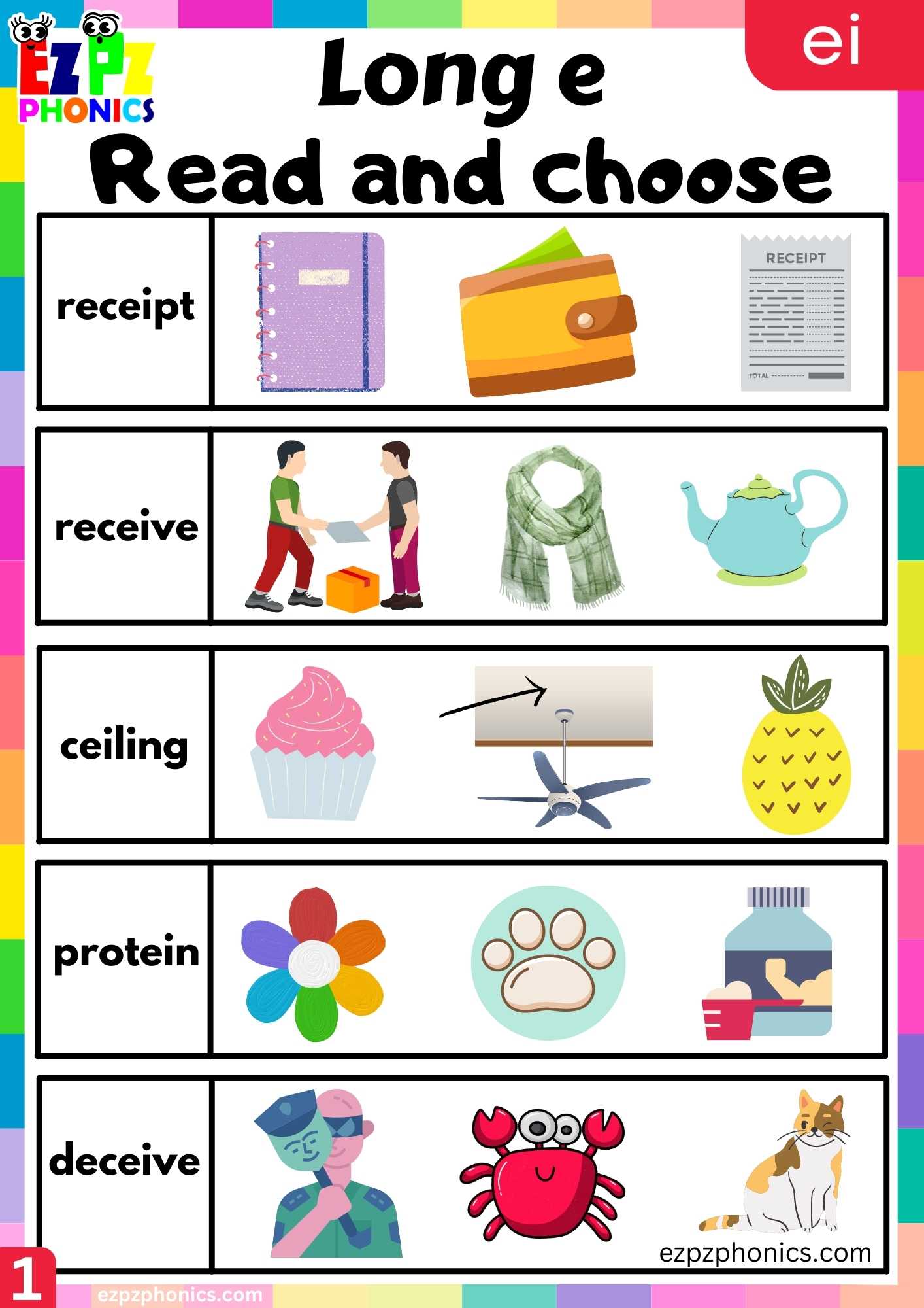 EI Words Read And Choose Long E Phonics Worksheet - ezpzphonics.com