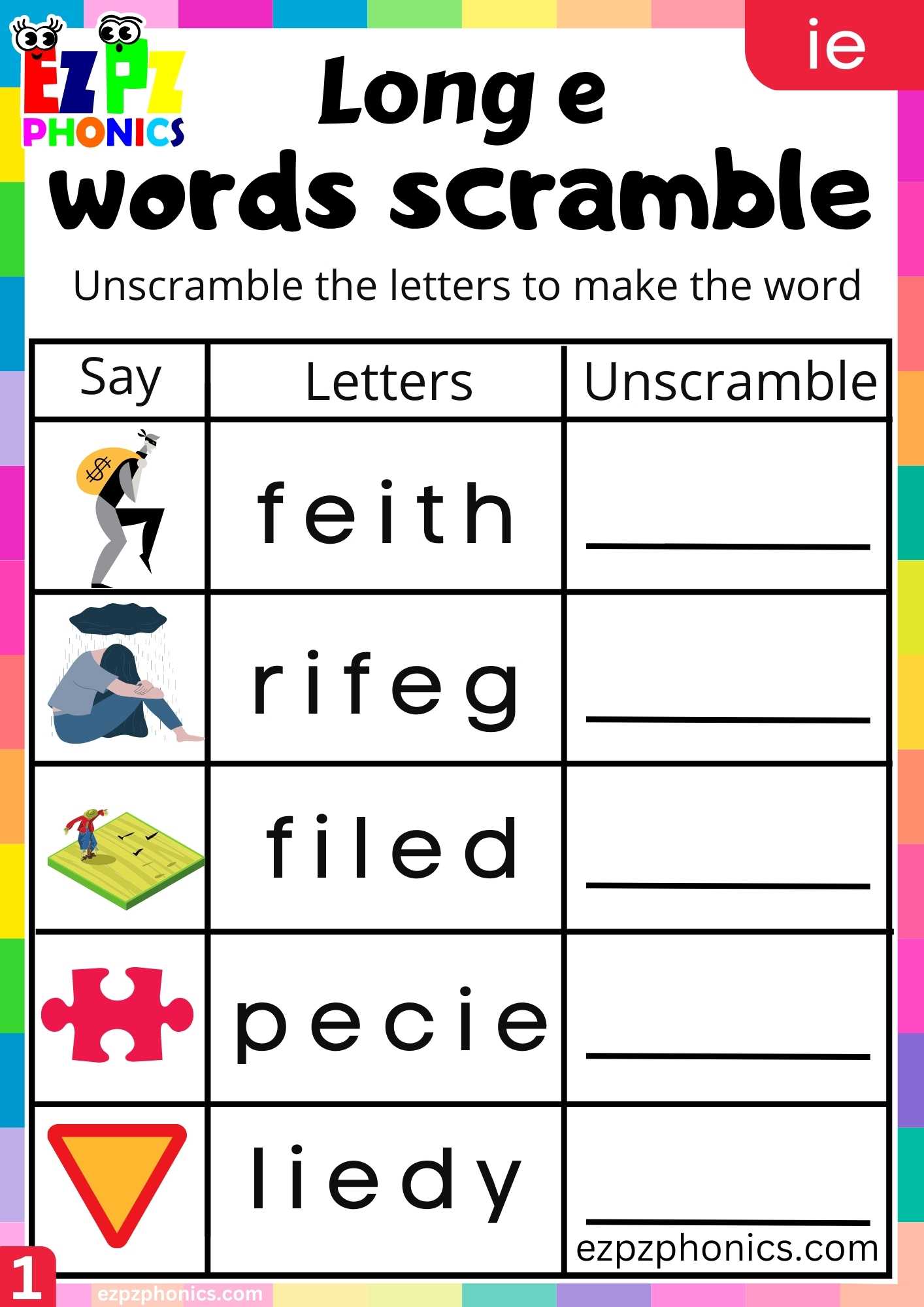 IE Words Words Scramble Long E Phonics Worksheet - ezpzphonics.com