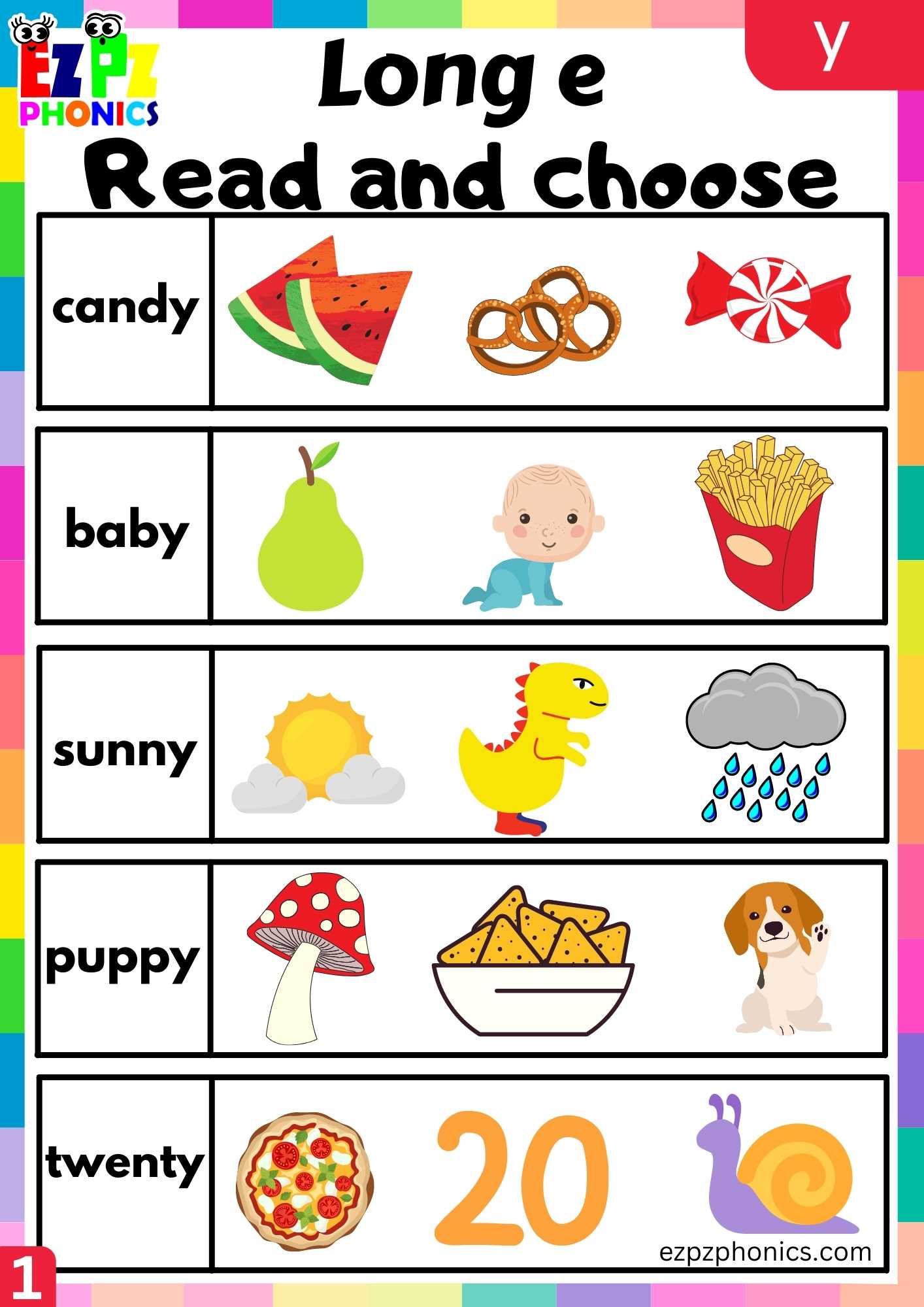 Group1 Y Words Read And Choose Long E Phonics Worksheet - ezpzphonics.com