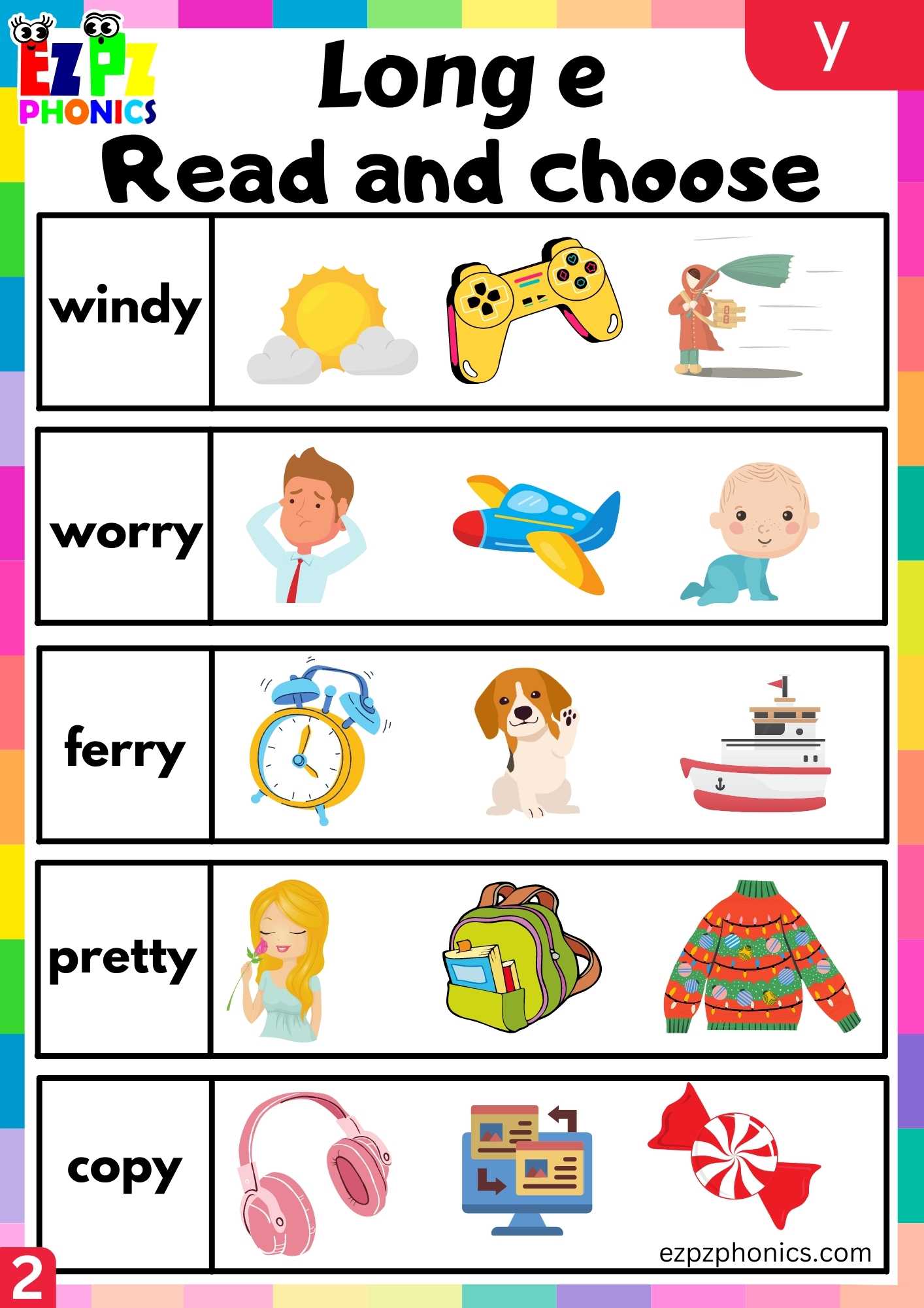 Group2 Y Words Read And Choose Long E Phonics Worksheet - ezpzphonics.com