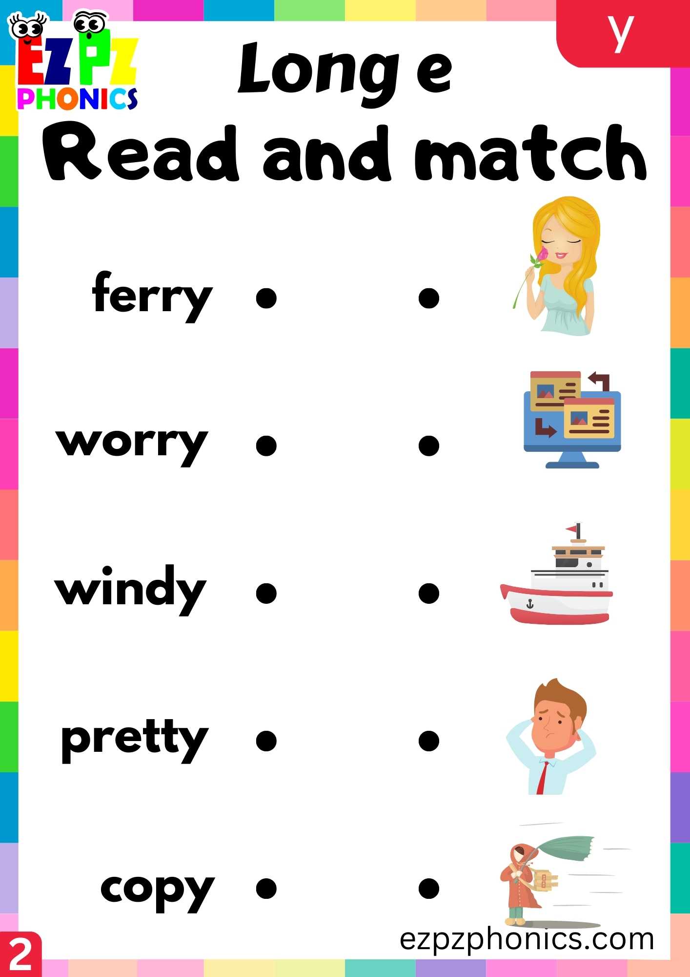 Group2 Y Words Read And Match Long E Phonics Worksheet - ezpzphonics.com