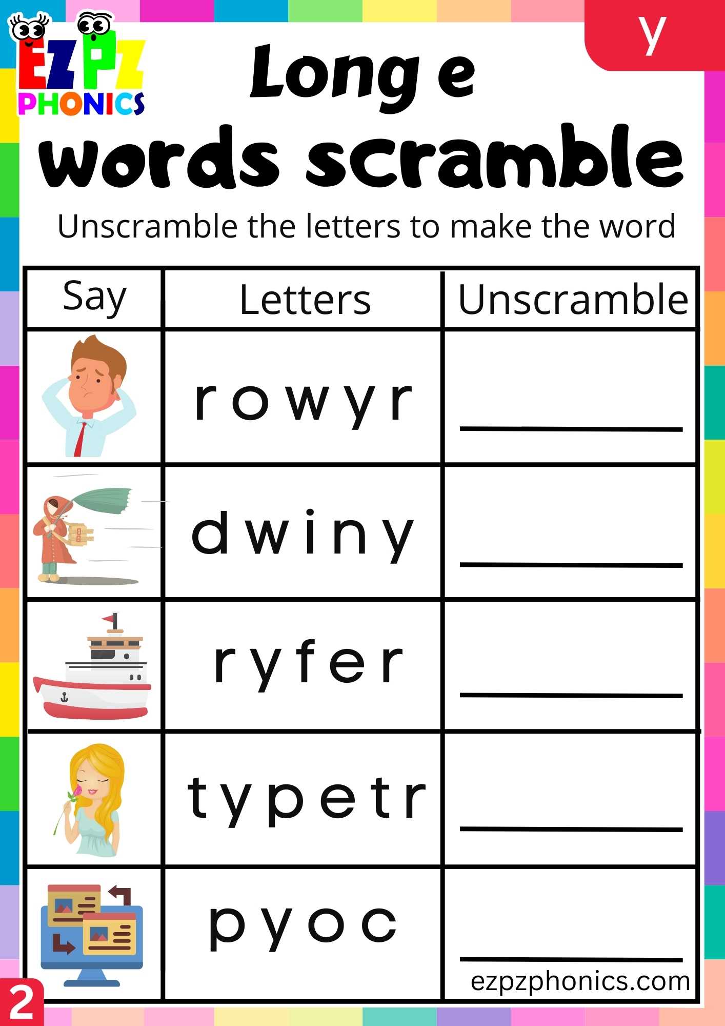 Group2 Y Words Words Scramble Long E Phonics Worksheet - ezpzphonics.com