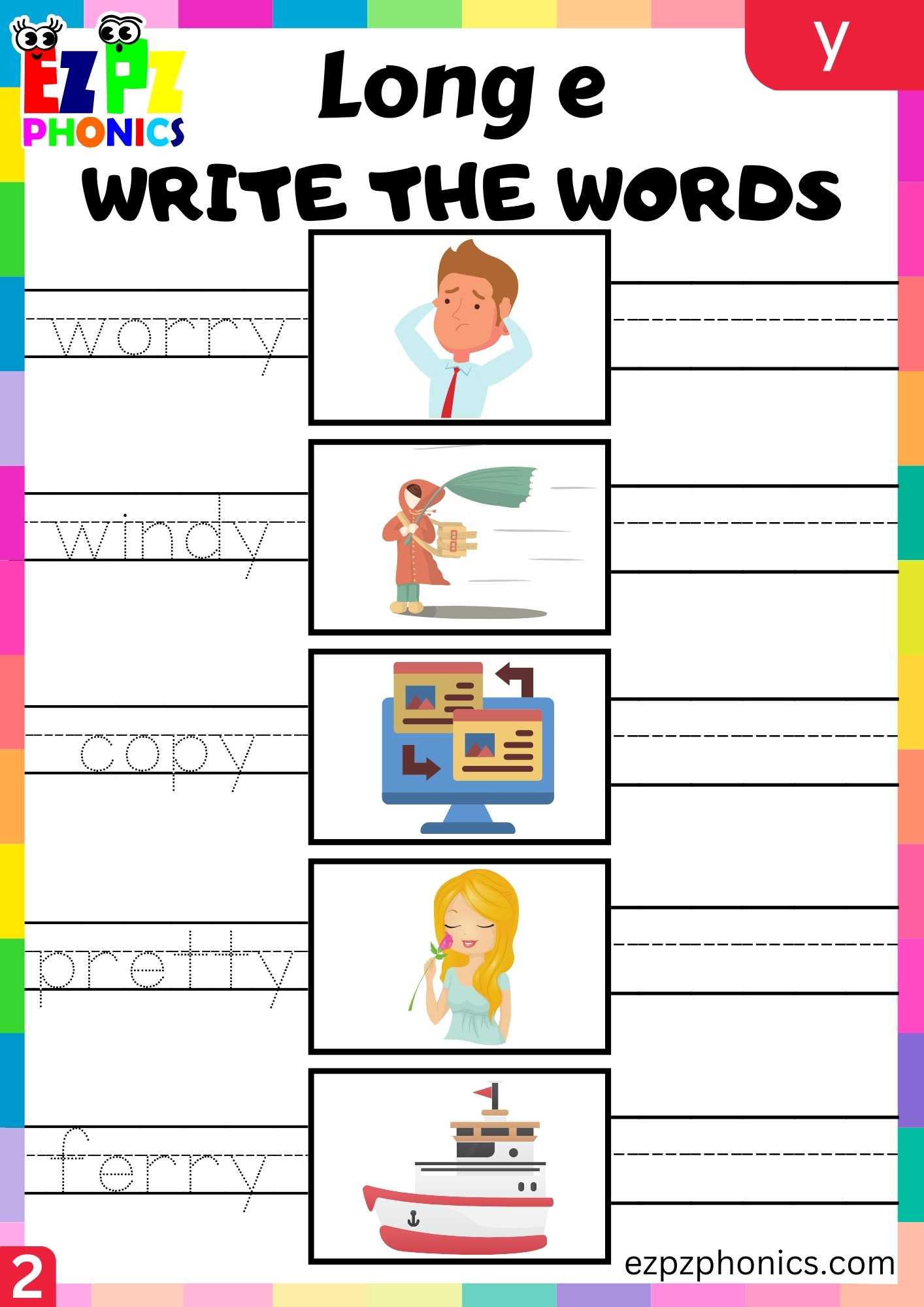 Group2 Y Words Write The Words Long E Phonics Worksheet - ezpzphonics.com