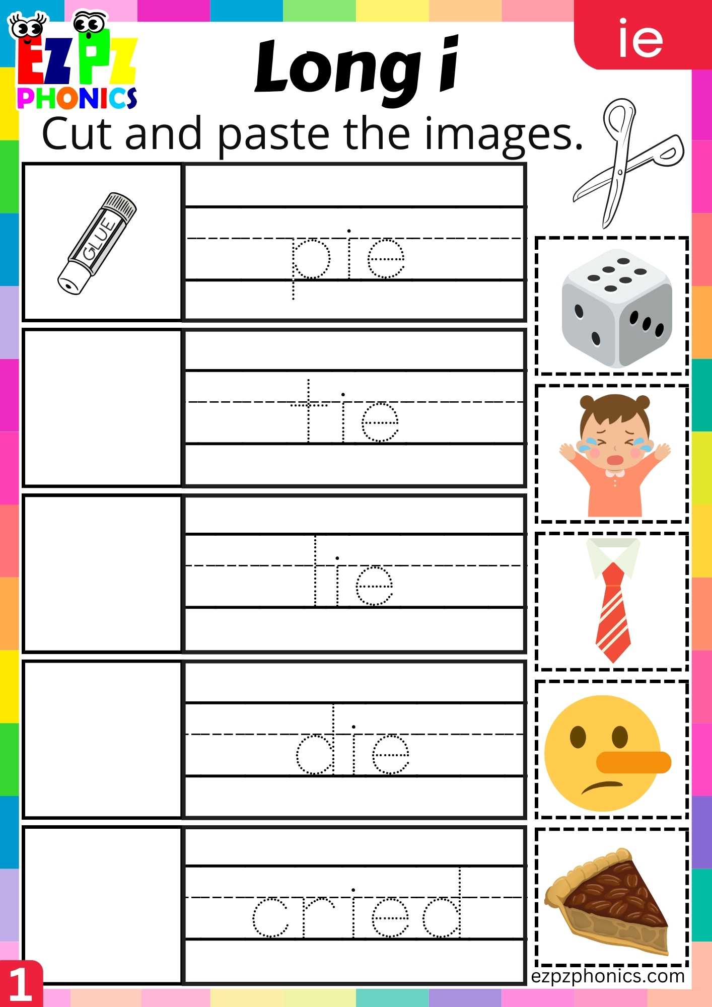 IE Words Cut And Paste The Images Long I Phonics Worksheet ...