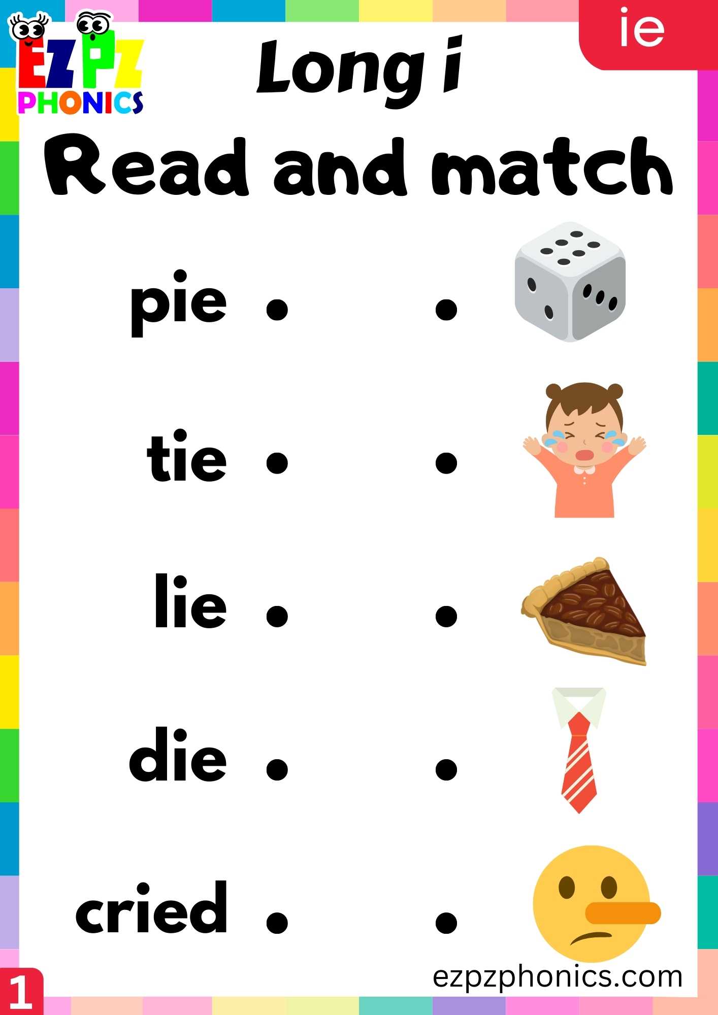 IE Words Read And Match Long I Phonics Worksheet - ezpzphonics.com