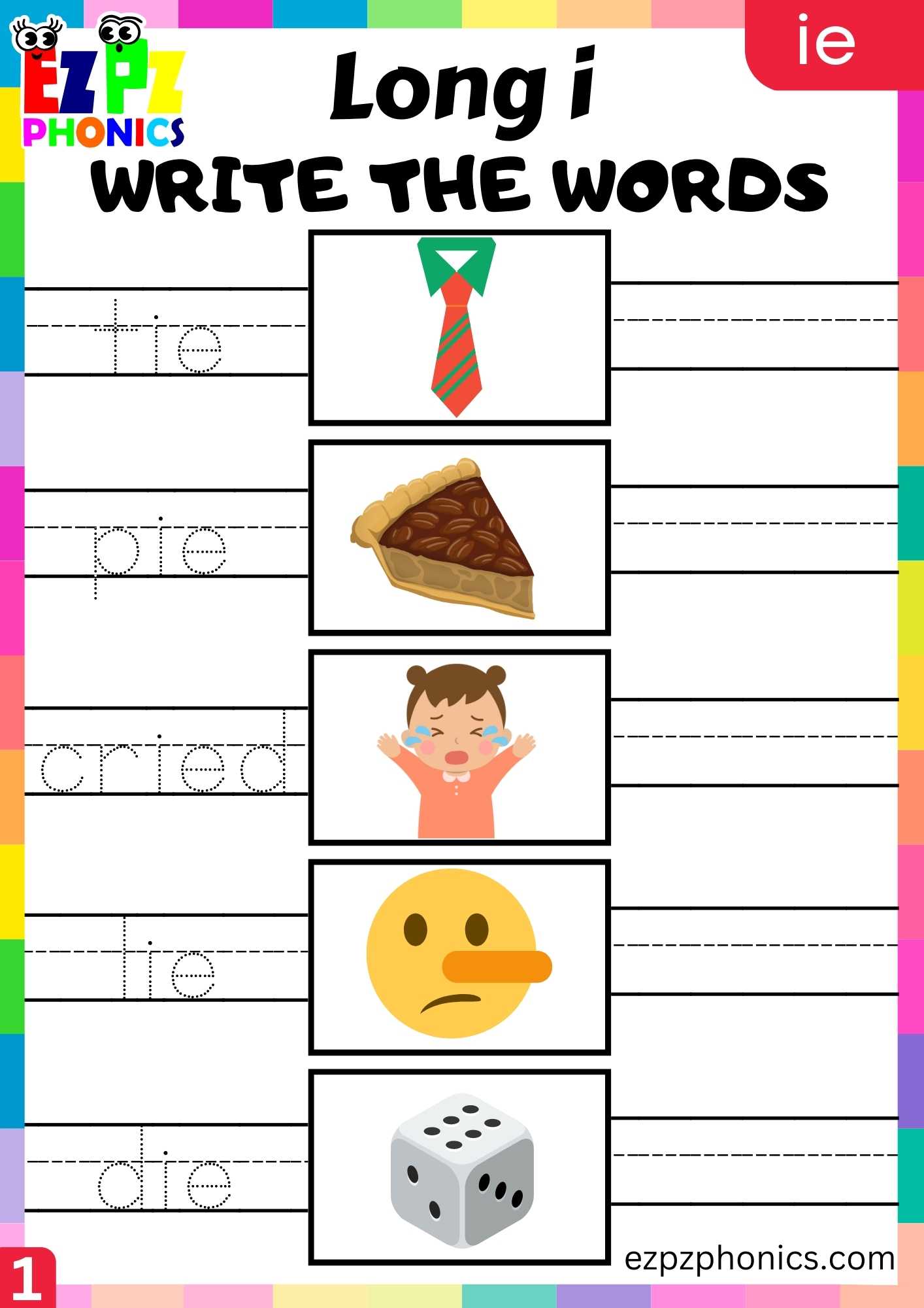 IE Words Write The Words Long I Phonics Worksheet - ezpzphonics.com