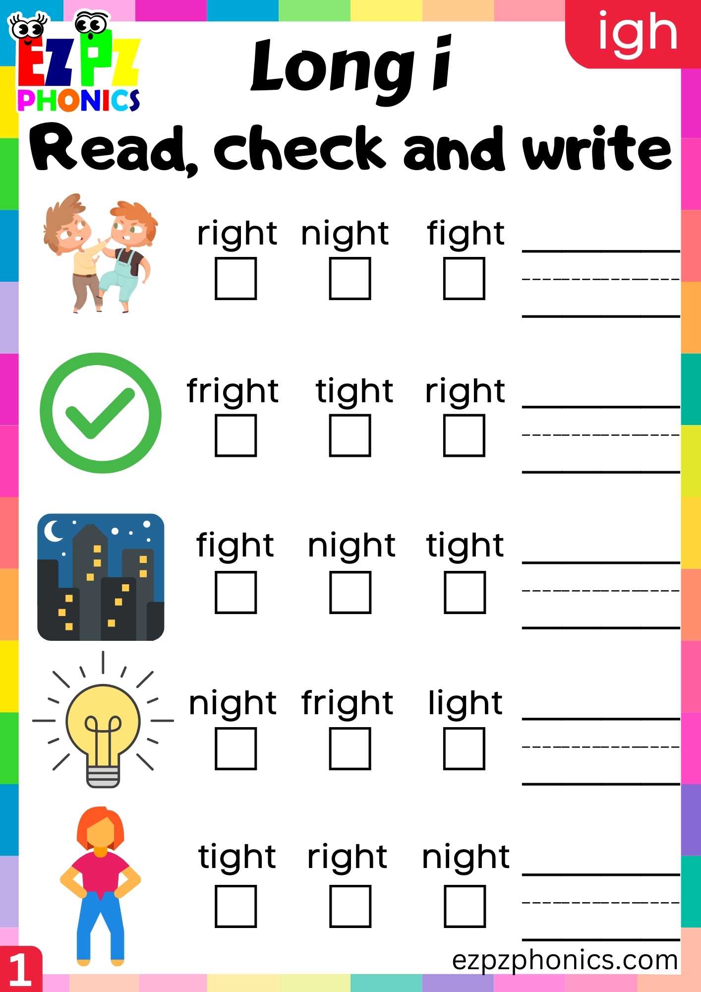 IGH Words Read, Check And Write Long I Phonics Worksheet - ezpzphonics.com