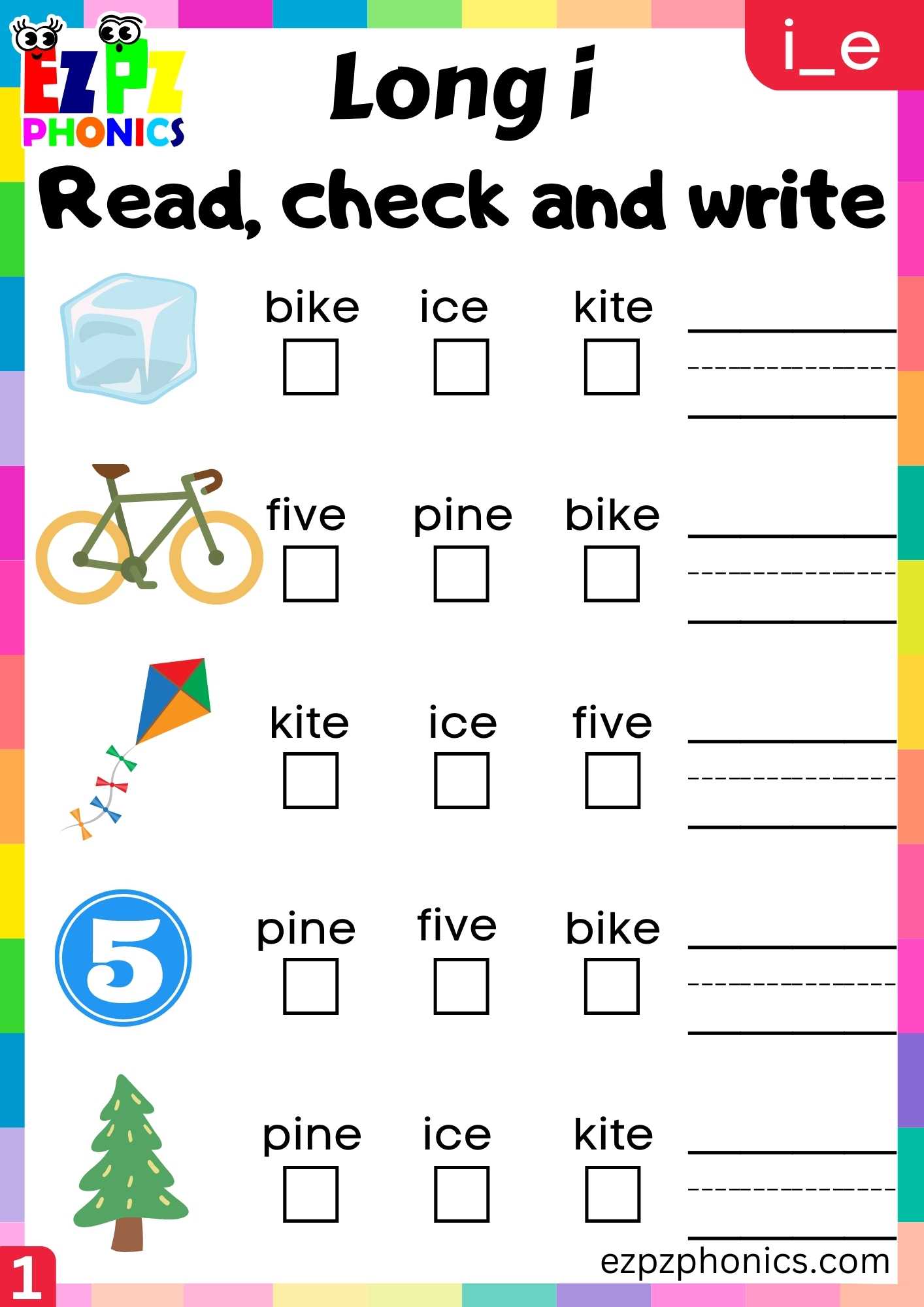 Group1 I_E Words Read, Check And Write Long I Phonics Worksheet ...