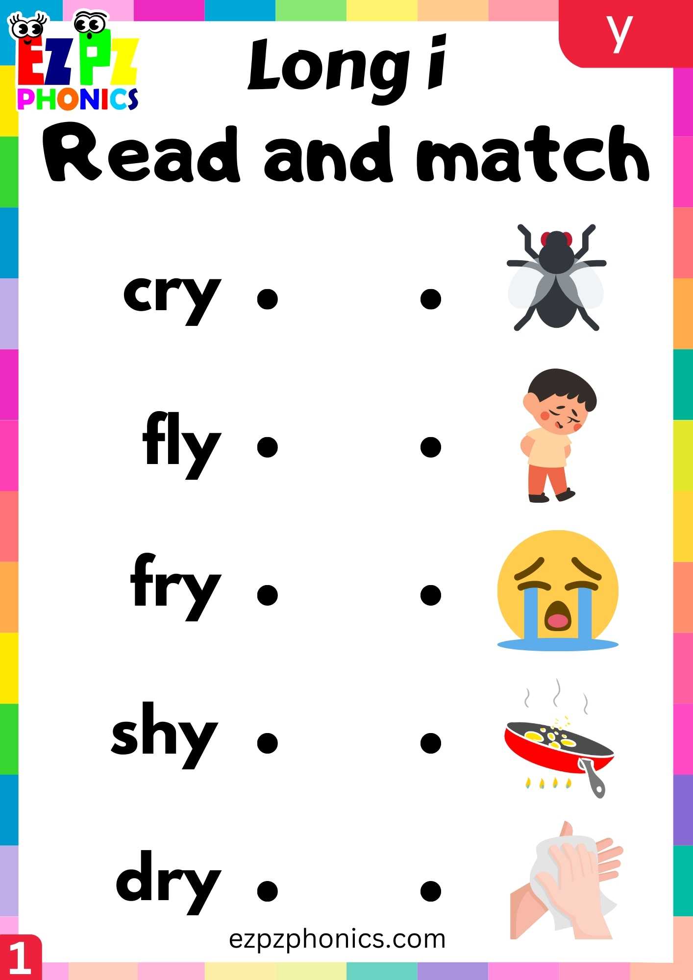 Y Words Read And Match Long I Phonics Worksheet - ezpzphonics.com