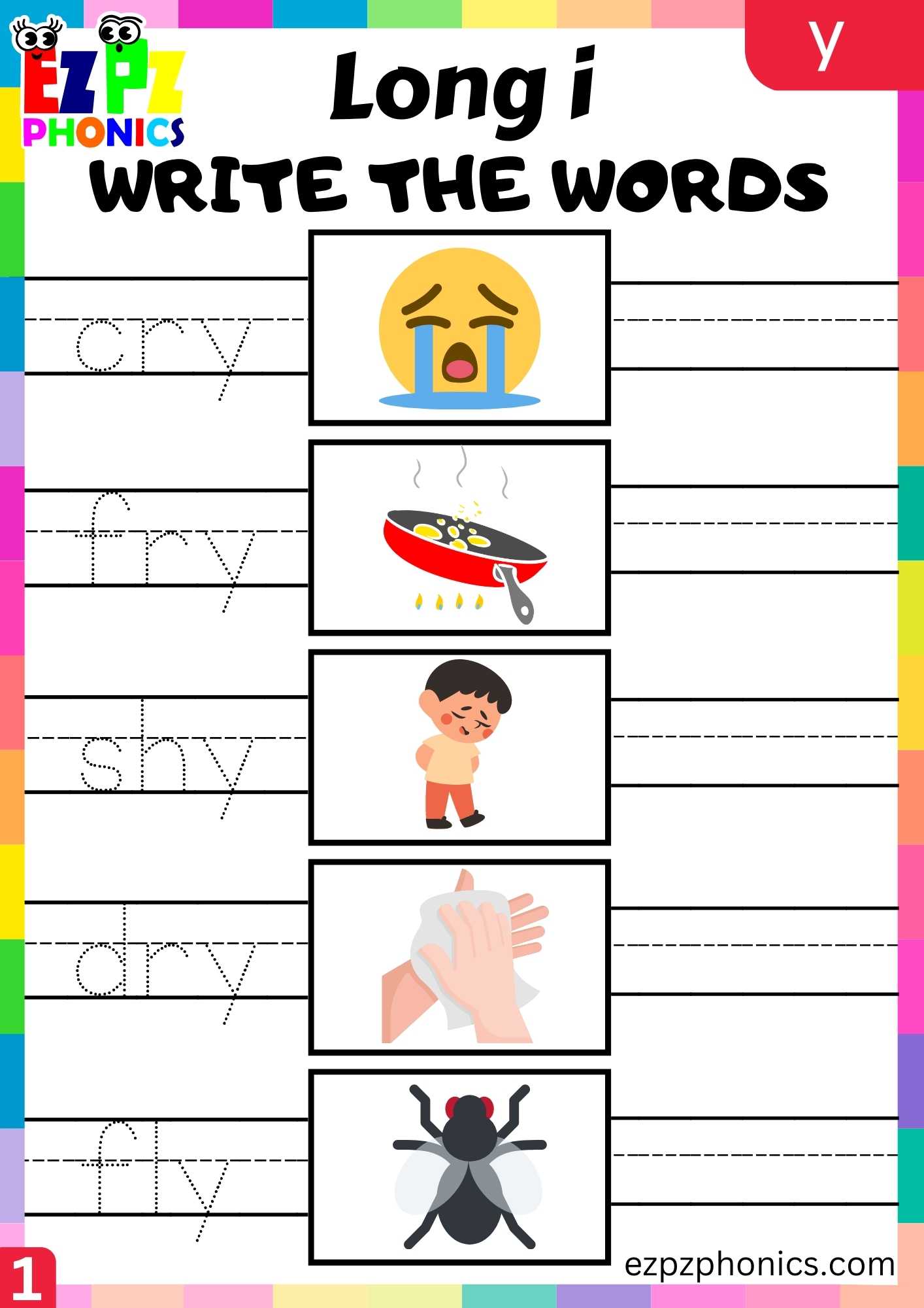 Y Words Write The Words Long I Phonics Worksheet - ezpzphonics.com