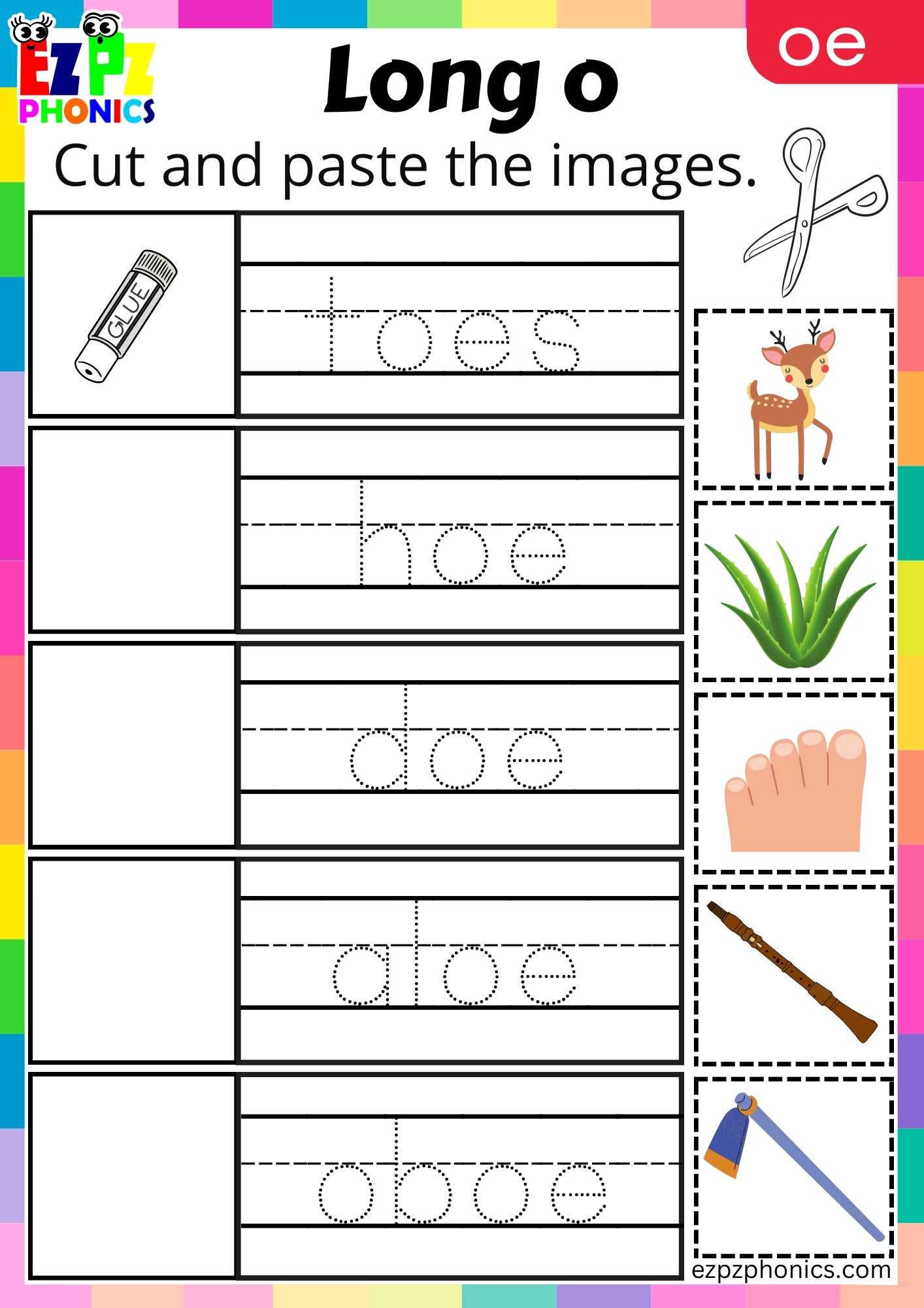 OE Words Cut And Paste The Images Long O Phonics Worksheet ...